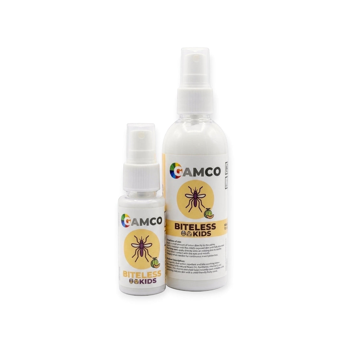 GAMCO Store Biteless Kids repellent lotion for children, dual-action, melon scent, white lotion in spray bottles on a wooden table with a playground in the background.