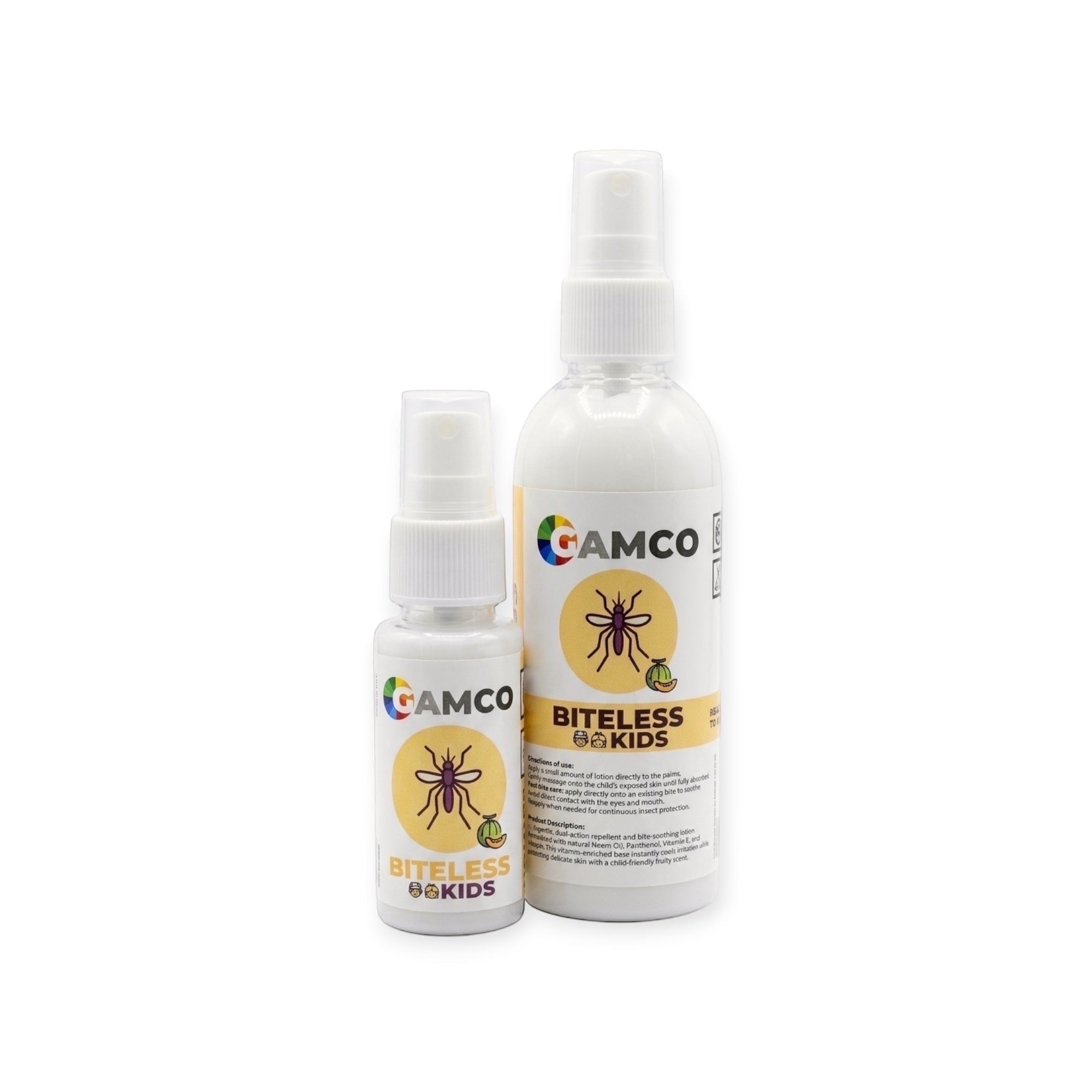 GAMCO Biteless Kids dual-action repellent and bite-cure lotion for children, white lotion with melon scent.