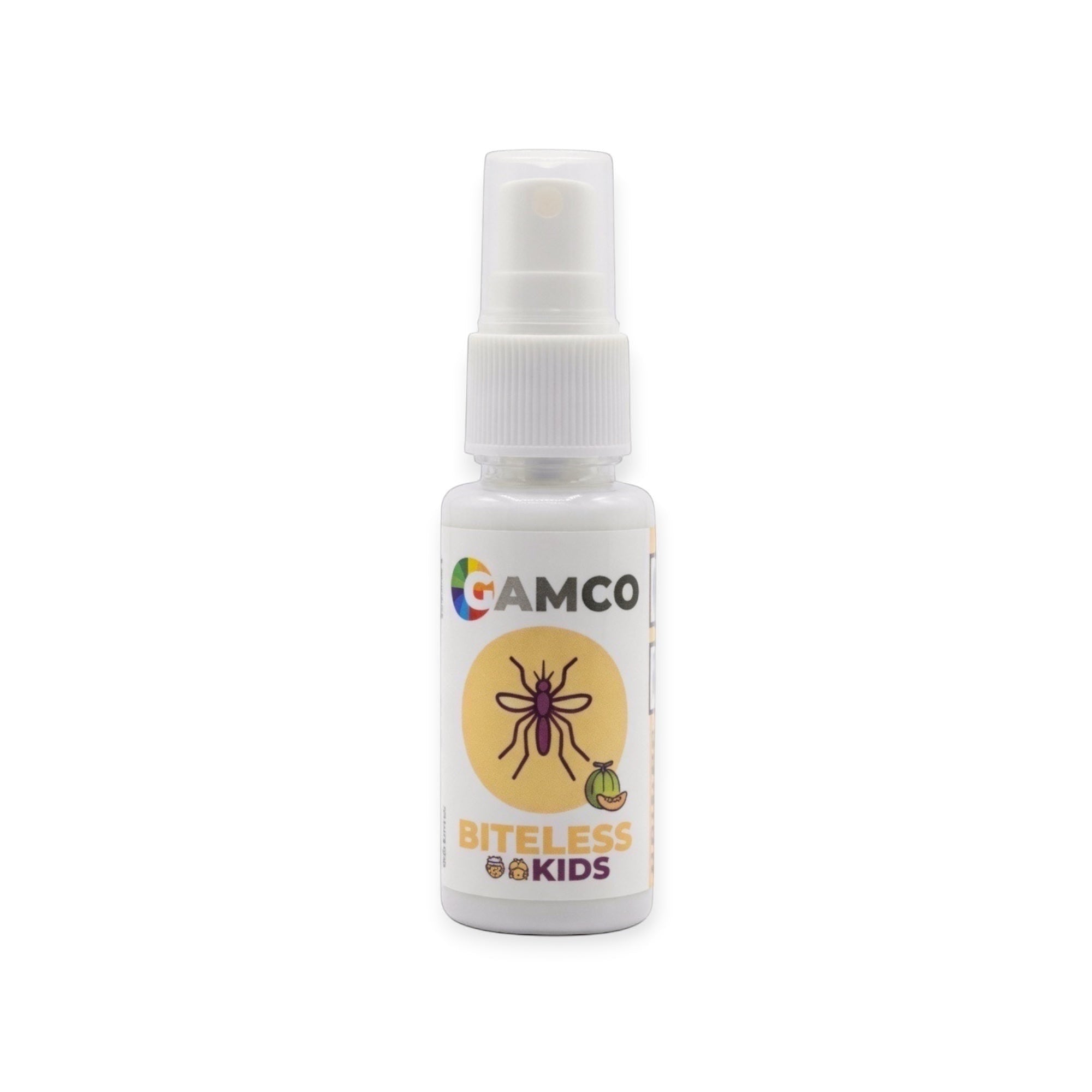 GAMCO Biteless Kids spray bottle with a mosquito graphic and melon slice. Gentle, dual-action repellent and bite relief for children.