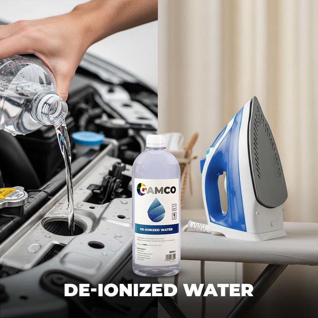 GAMCO de-ionized water bottle next to a steam iron and a person pouring water into a car engine.