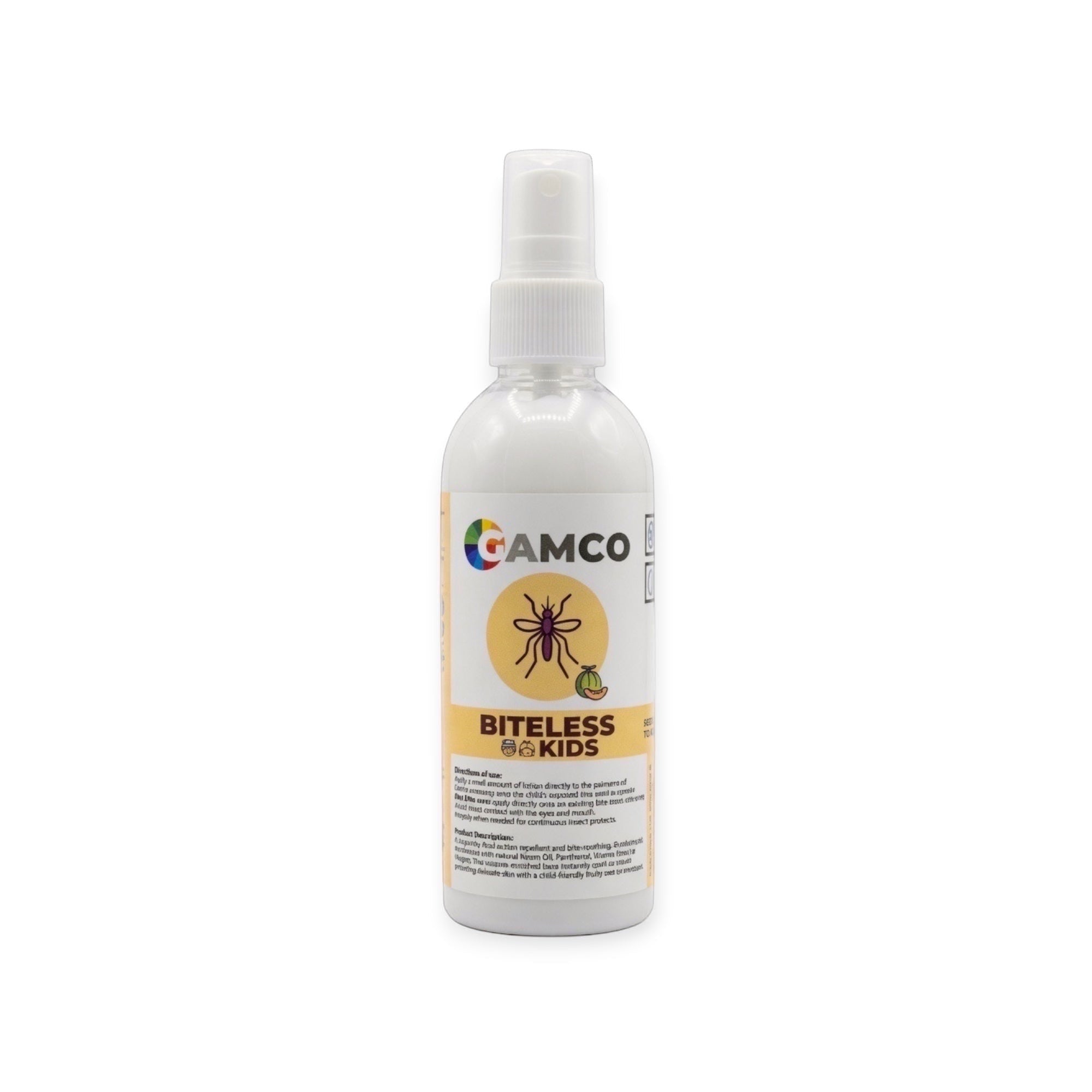 GAMCO Biteless Kids lotion spray bottle with a melon scent for children, offering insect repellent and bite relief.
