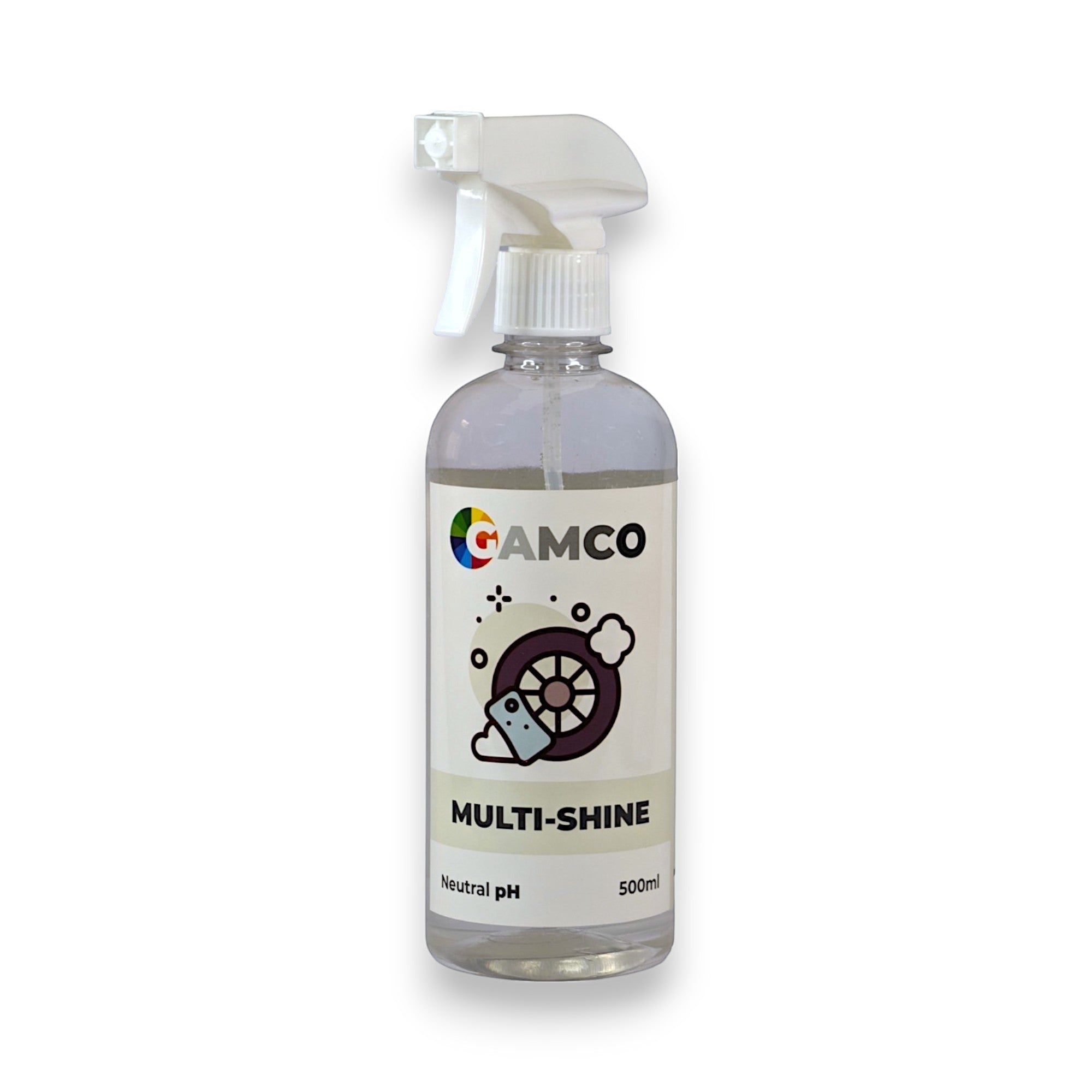 GAMCO Multi-Shine spray bottle for restoring black plastic trims and tires, 500ml, neutral pH.
