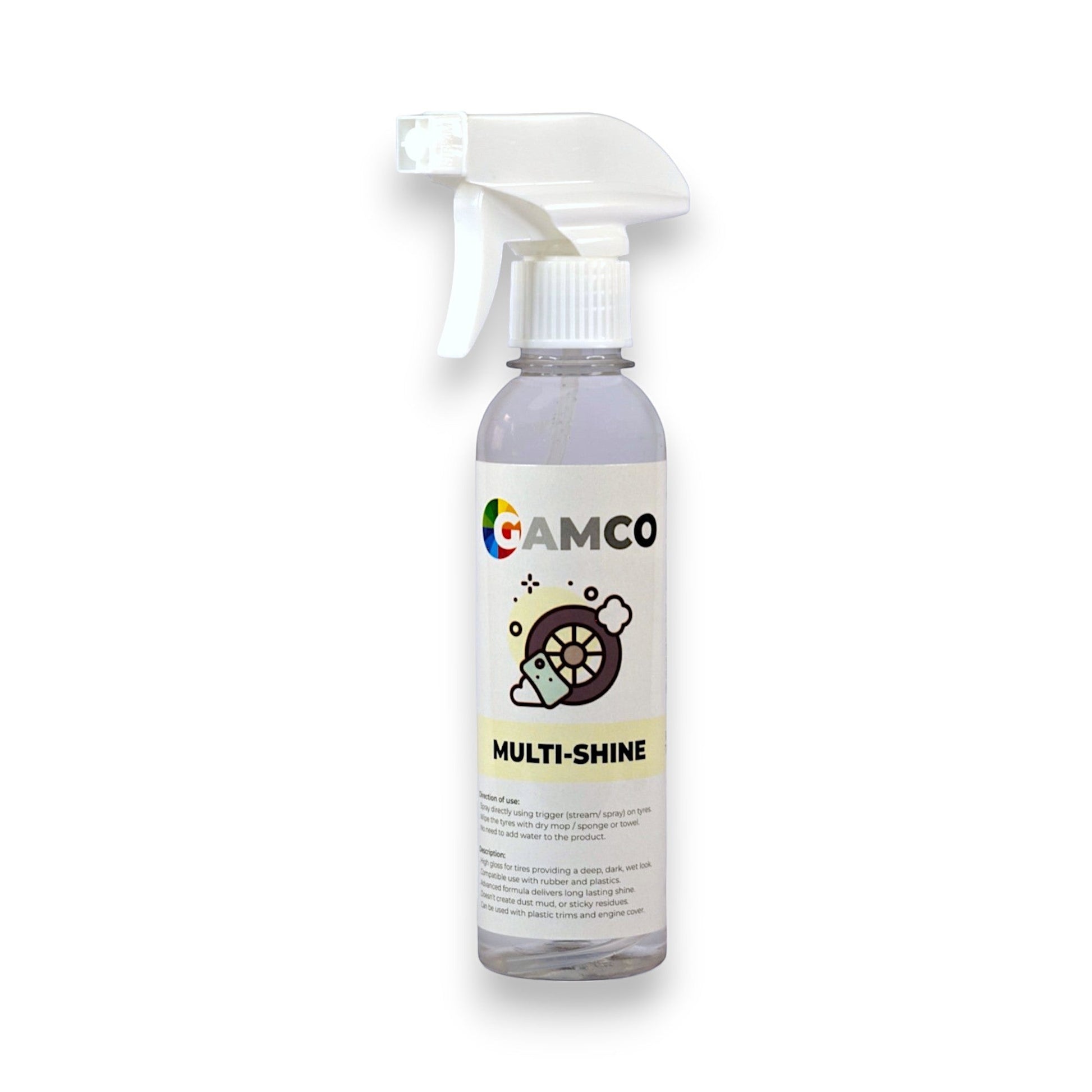 GAMCO Multi-Shine spray bottle for restoring black color on tires and plastic trims. Features a deep, dark, wet look.