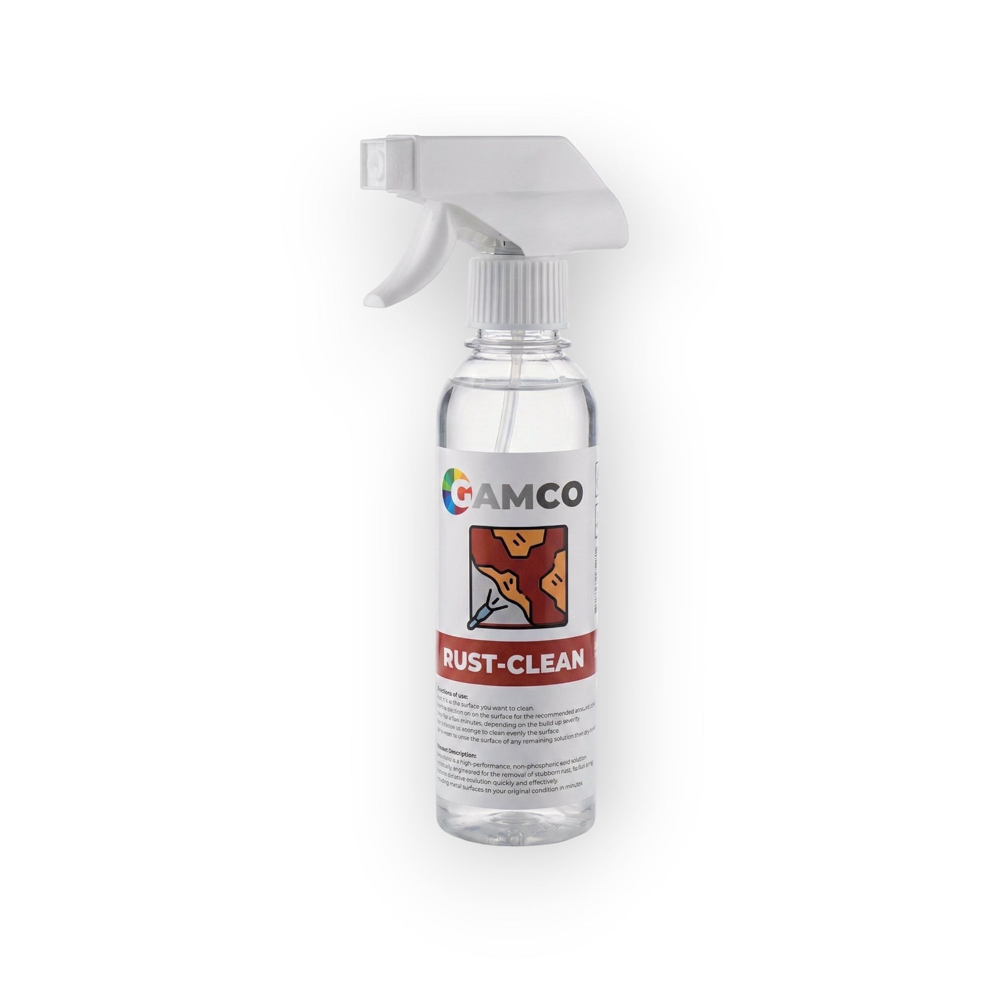 GAMCO Rust Clean spray bottle for metal restoration, automotive use, and tool cleaning. Odorless, non-phosphoric acid formula.