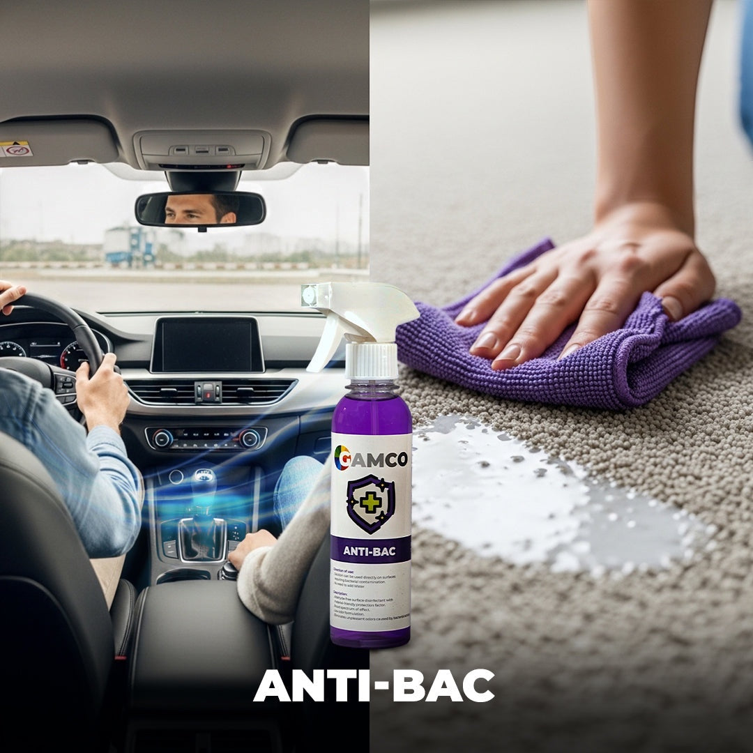 GAMCO Store Anti-Bac disinfectant spray bottle shown in car interior and on carpet with purple cloth cleaning spill.