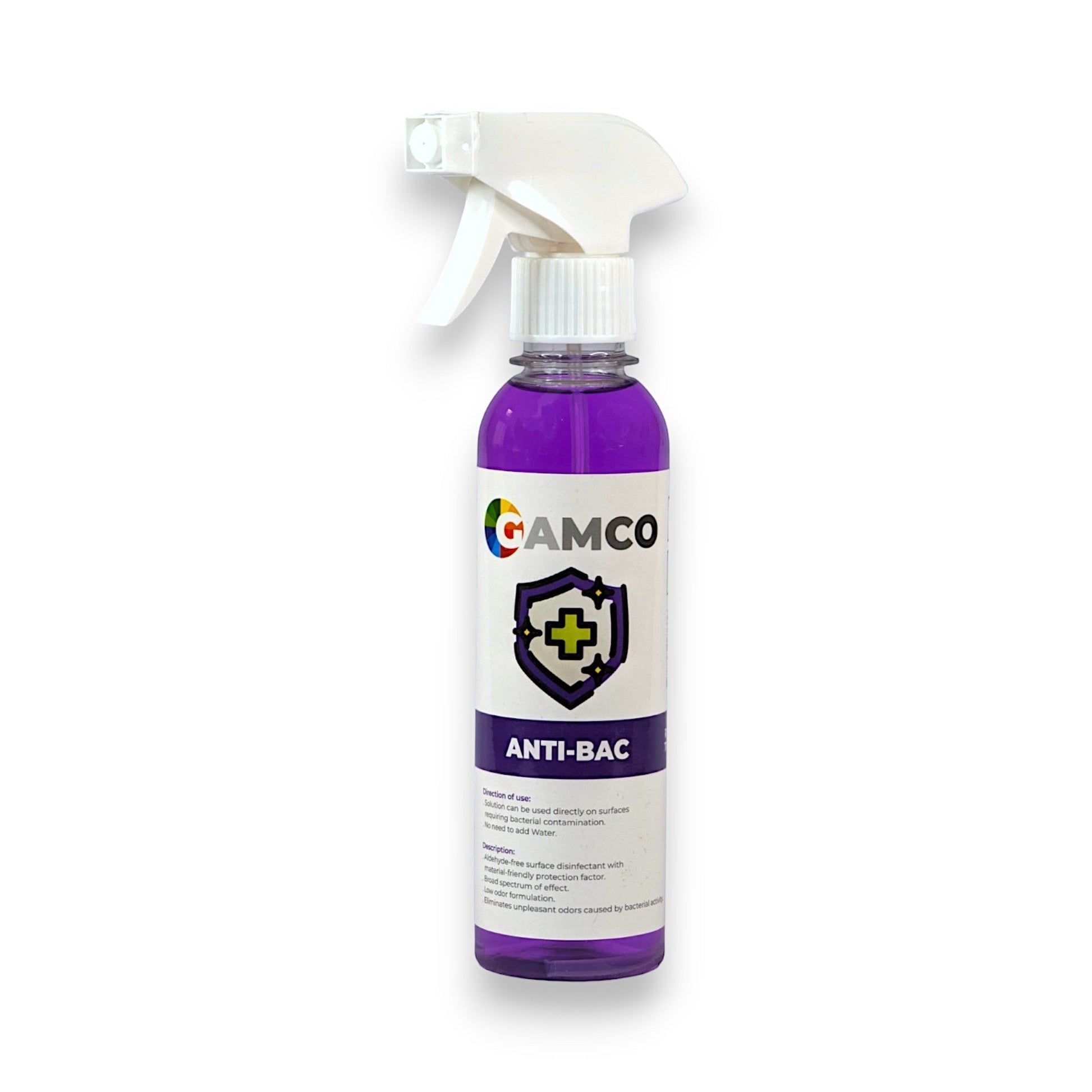 GAMCO Store Anti-Bac disinfectant spray, purple liquid in a clear bottle with a white spray nozzle. Kills 99.9% of germs.