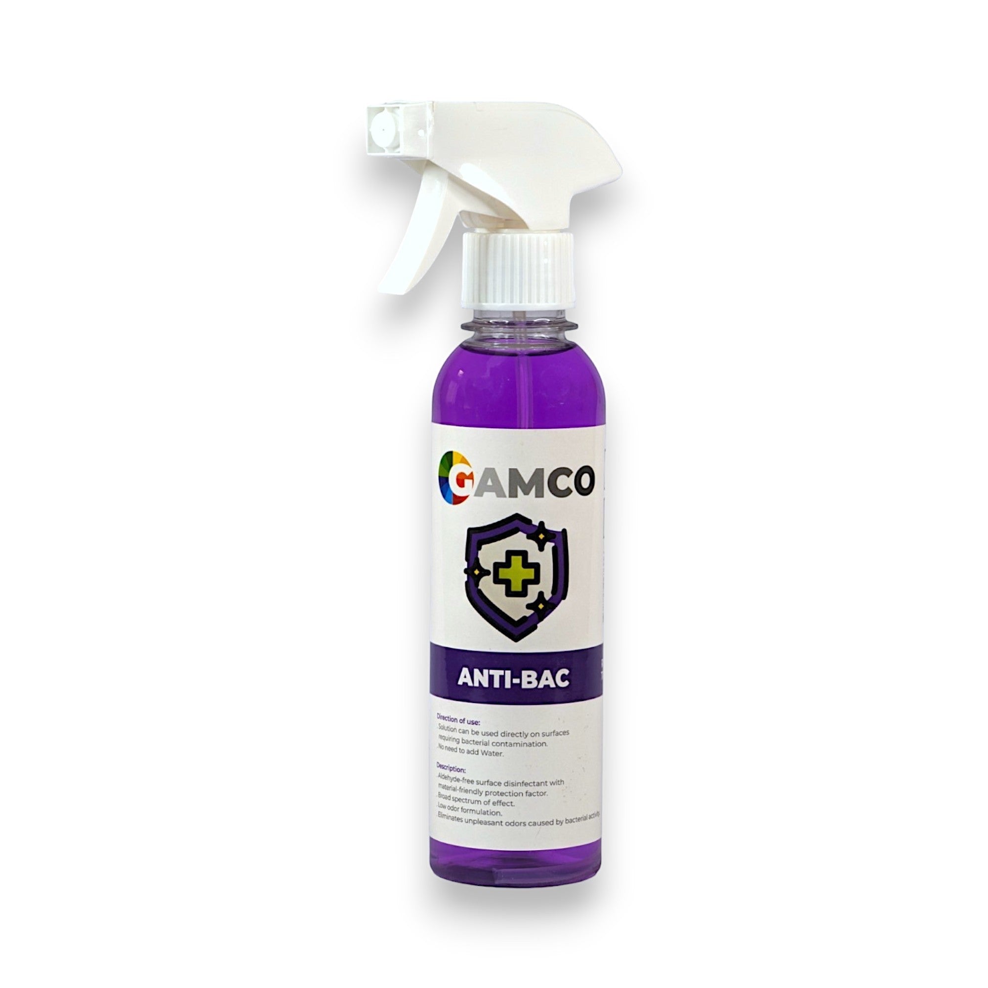 GAMCO Store Anti-Bac disinfectant spray, purple liquid in a clear bottle with a white spray nozzle. Kills 99.9% of germs.