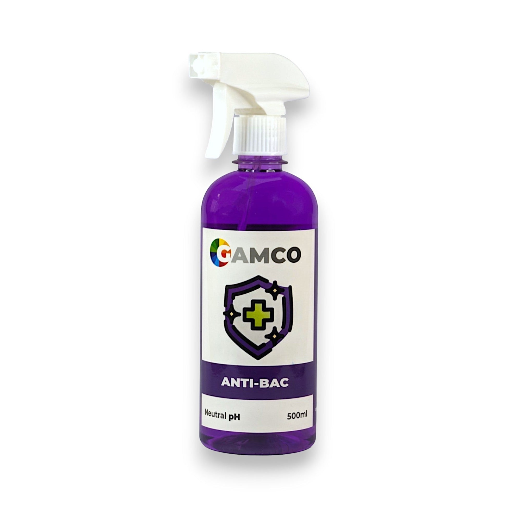 GAMCO Store Anti-Bac disinfectant spray bottle, purple liquid, white spray nozzle, neutral pH, 500ml.