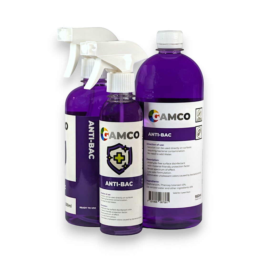 GAMCO Store Anti-Bac disinfectant spray bottle shown in car interior and on carpet with purple cloth cleaning spill.