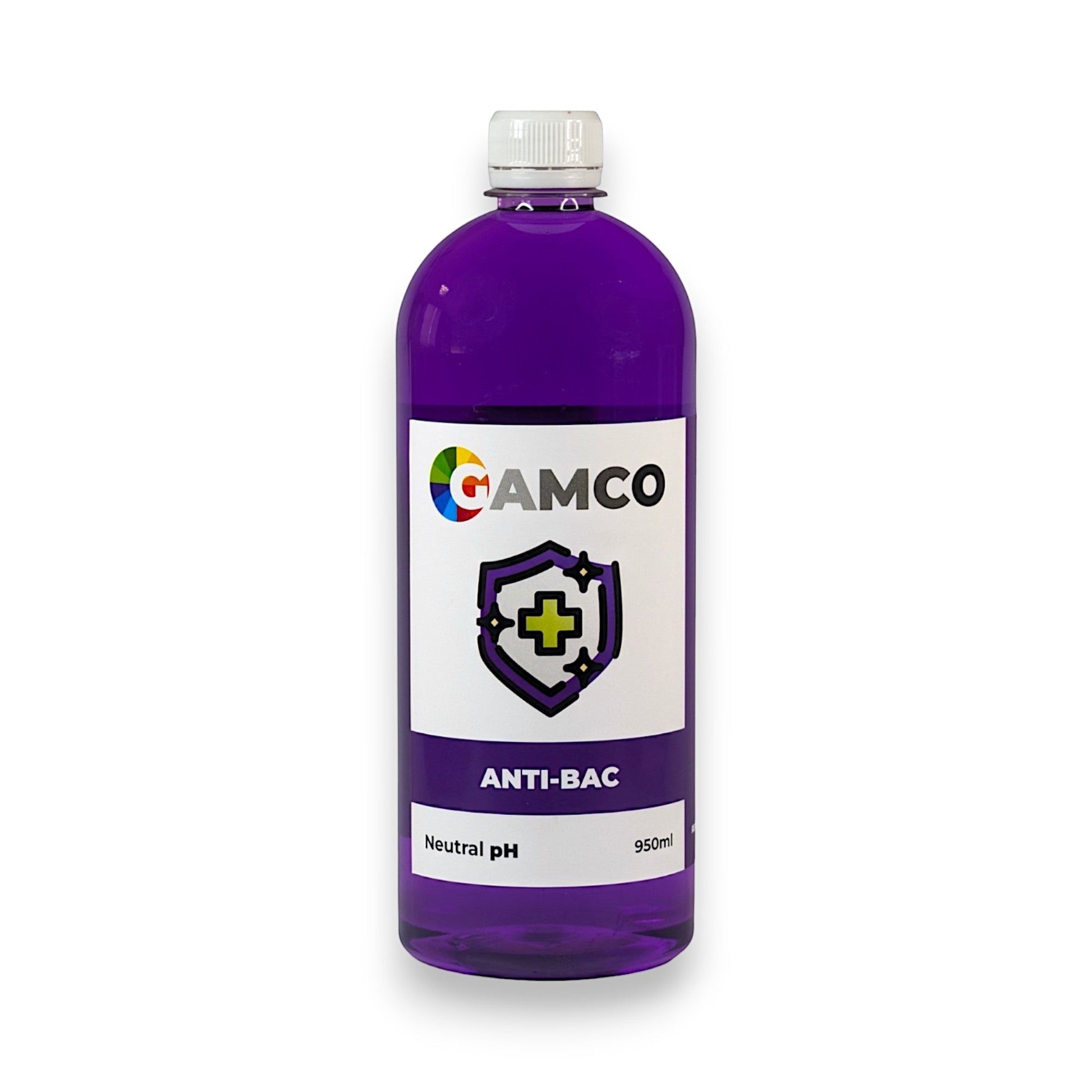 GAMCO Store Anti-Bac disinfectant spray bottle, purple liquid, neutral pH, 950ml. Kills 99.9% of germs.