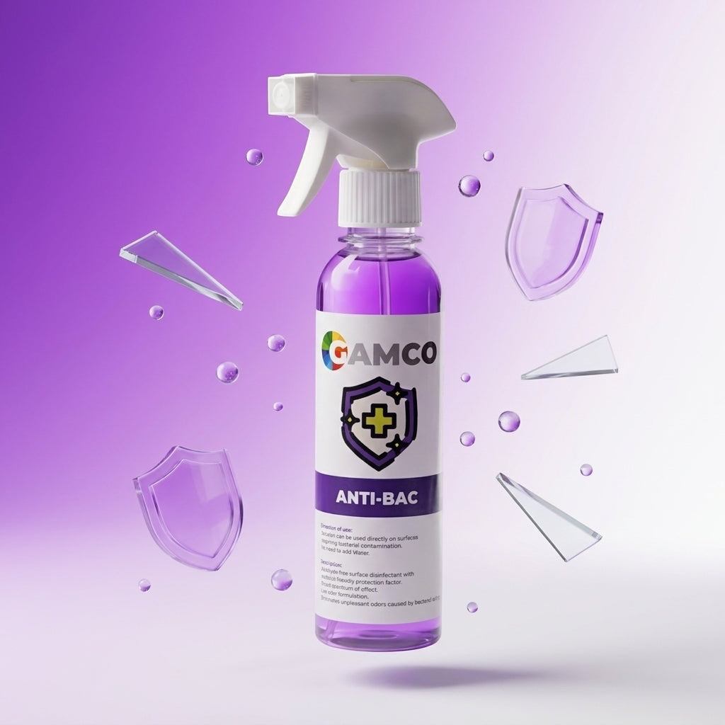GAMCO Store Anti-Bac spray bottle with purple liquid, floating shield icons, and droplets on a purple background.