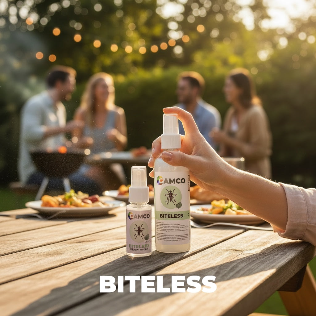 GAMCO Store hand spraying Biteless insect repellent outdoors at a barbecue with friends. Fresh Mint aroma.