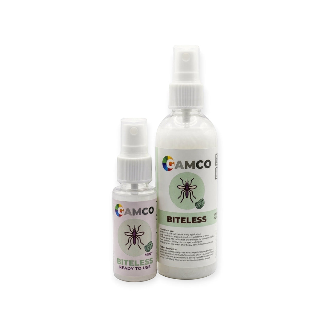 GAMCO Store hand spraying Biteless insect repellent outdoors at a barbecue with friends. Fresh Mint aroma.