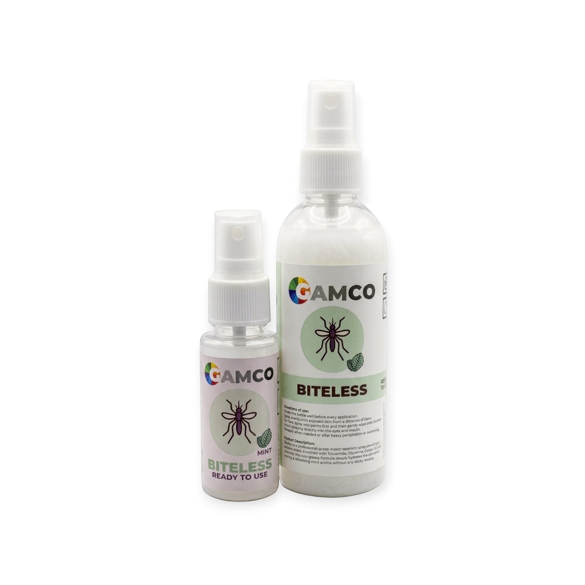 GAMCO Store two bottles of Biteless insect repellent spray, one small and one large, with mint aroma and pro-vitamin formula.
