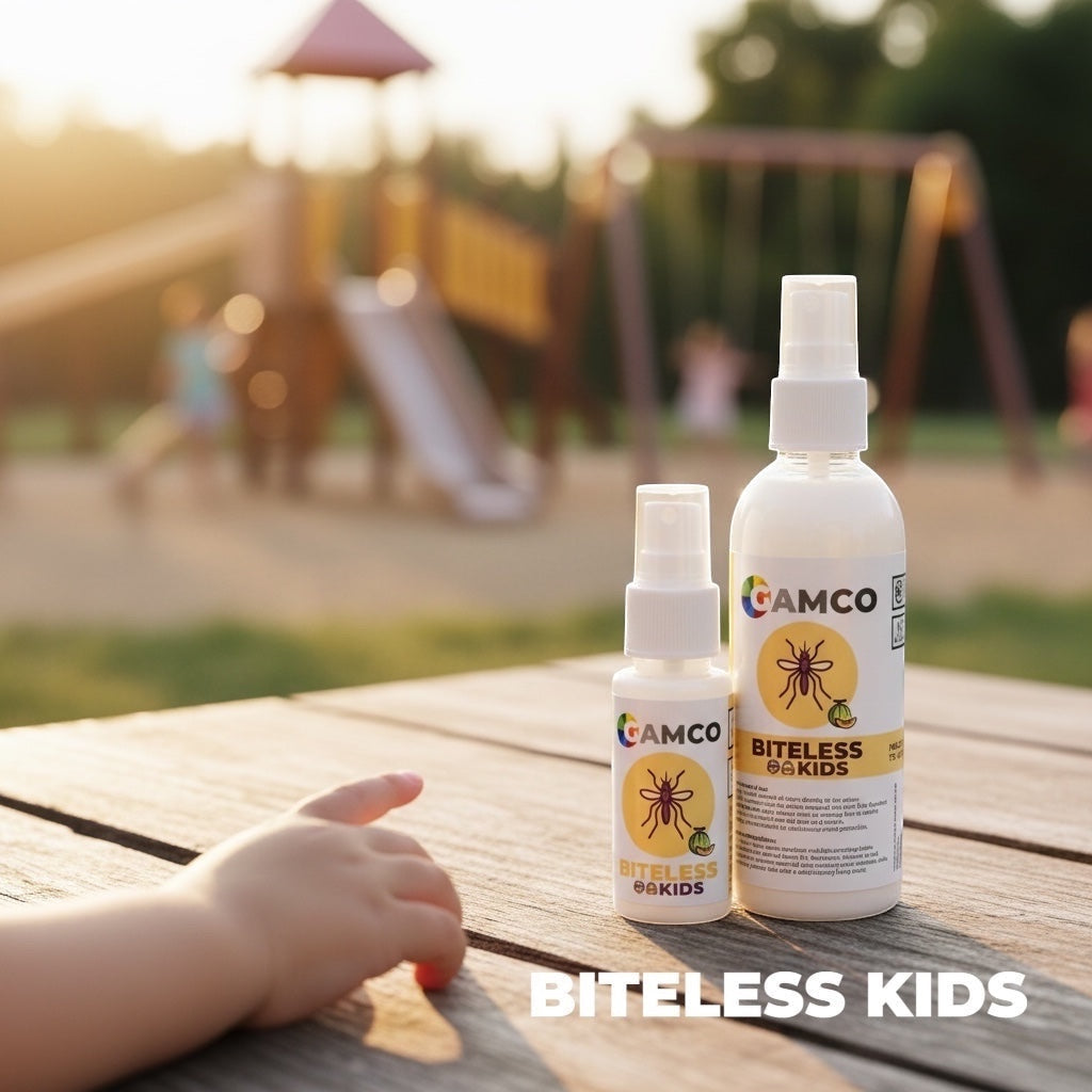 GAMCO Store Biteless Kids repellent lotion for children, dual-action, melon scent, white lotion in spray bottles on a wooden table with a playground in the background.