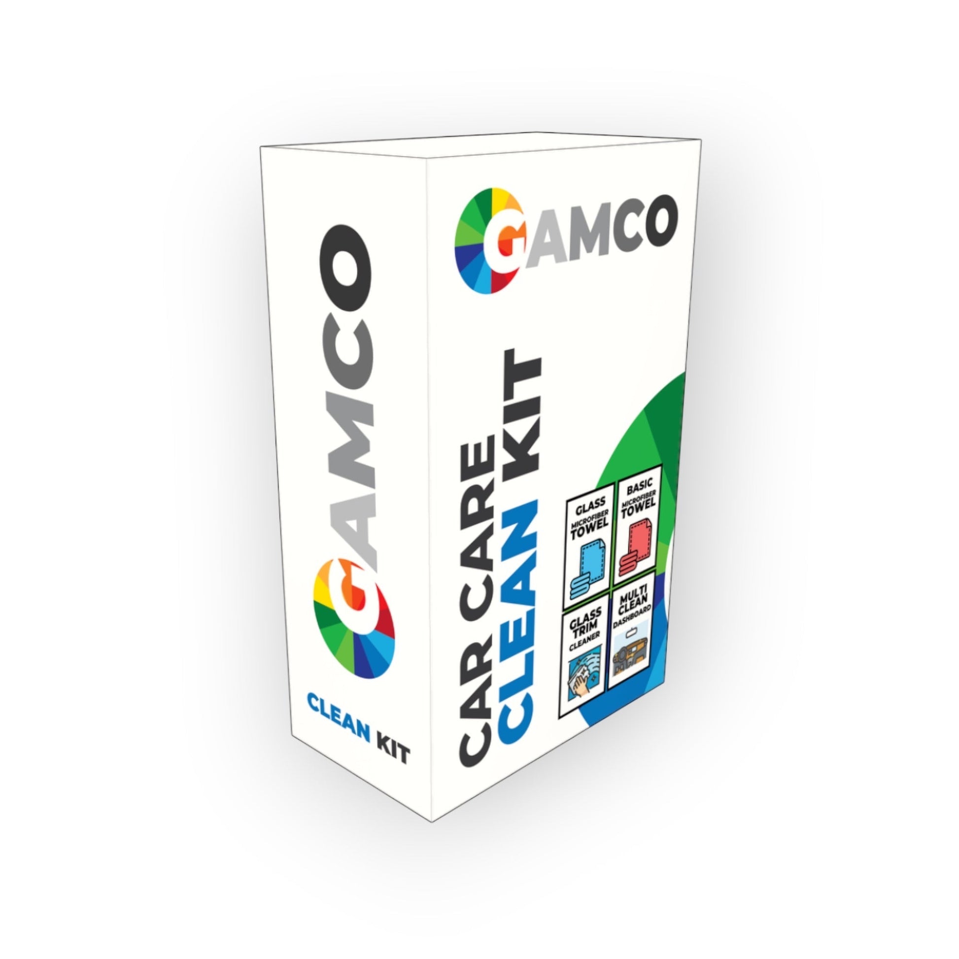 GAMCO Store Car Care Clean Kit box with glass cleaner, trim cleaner, and microfiber towels for a spotless car interior.