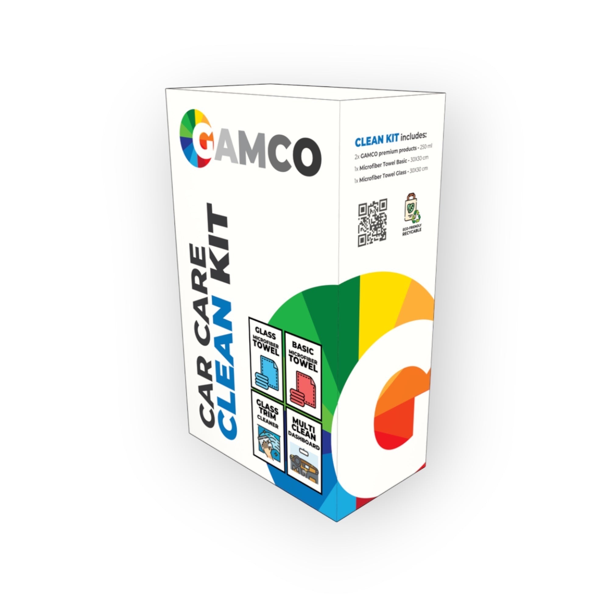 GAMCO Store Car Care Clean Kit box with cleaning products and microfiber towels for a spotless car interior and exterior finish.