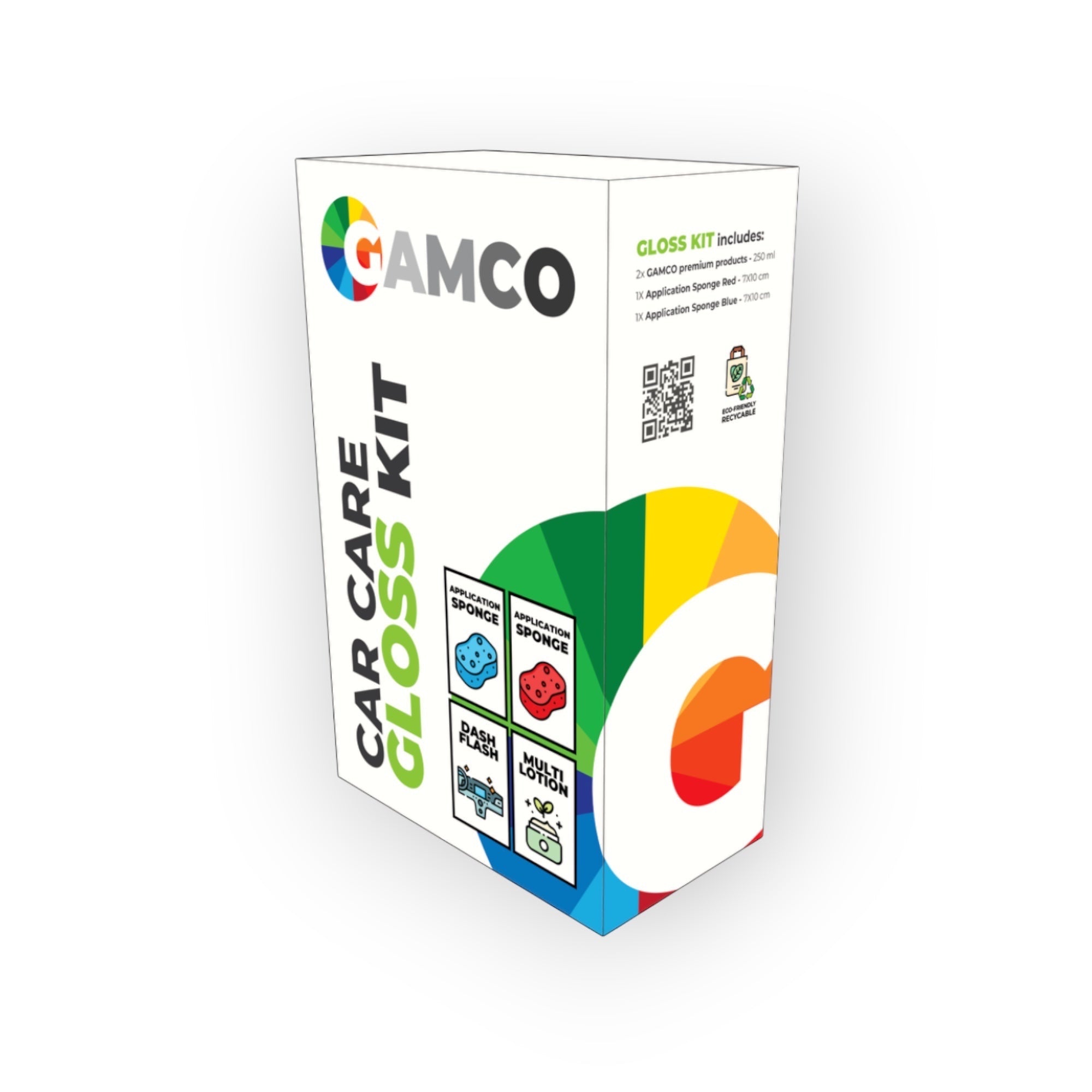 GAMCO Store Car Care Gloss Kit with two sponges, Dash Flash spray, and Multi Lotion for car interior detailing.