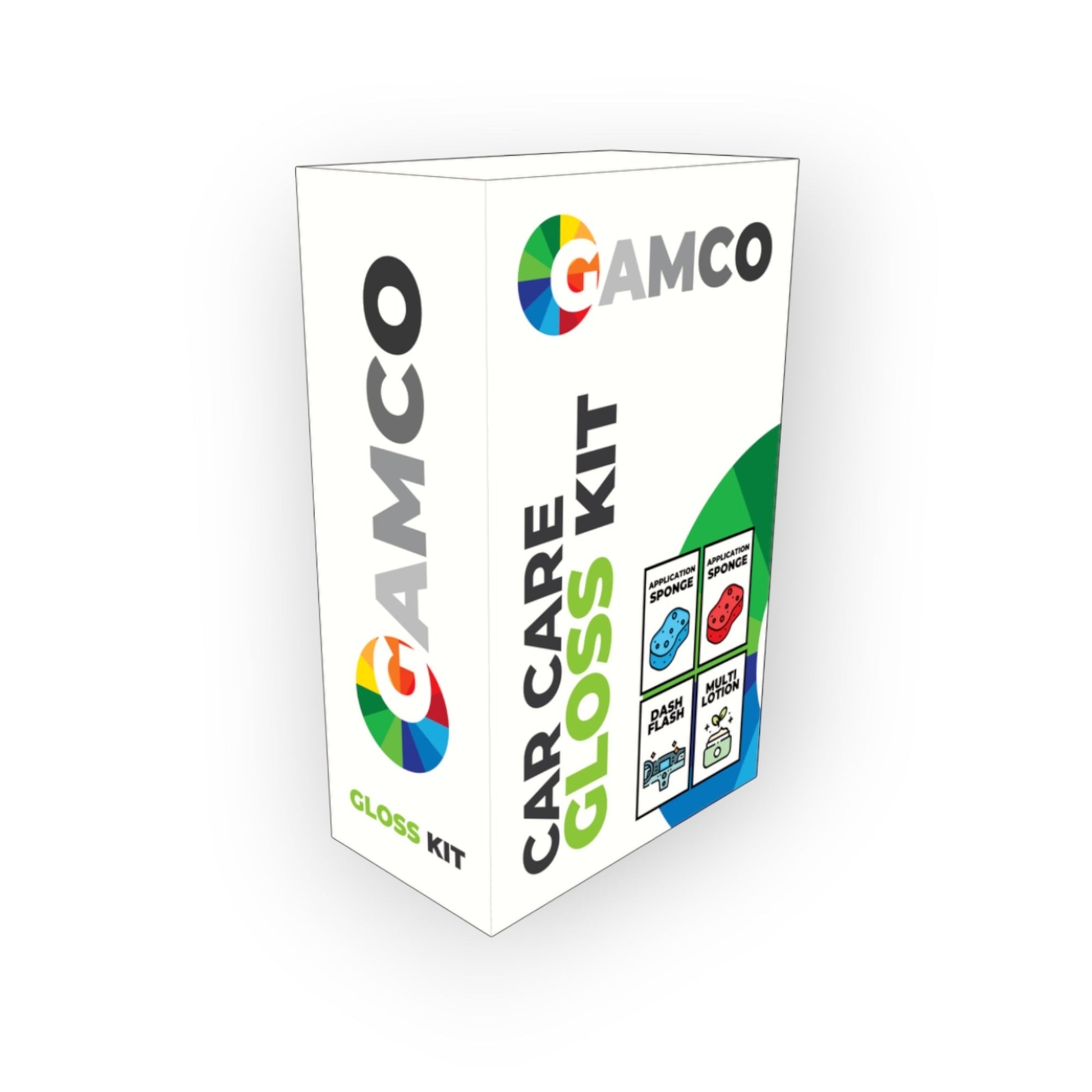 GAMCO Store Car Care Gloss Kit box with application sponges, Dash Flash, and Multi Lotion for car interior detailing.