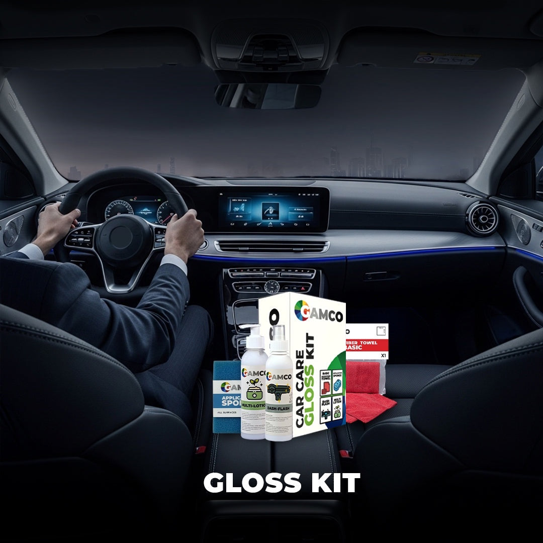 GAMCO Store Car Care Gloss Kit with Dash-Flash spray, Multi-Lotion, microfiber towel, and applicator sponge for a brilliant interior shine.