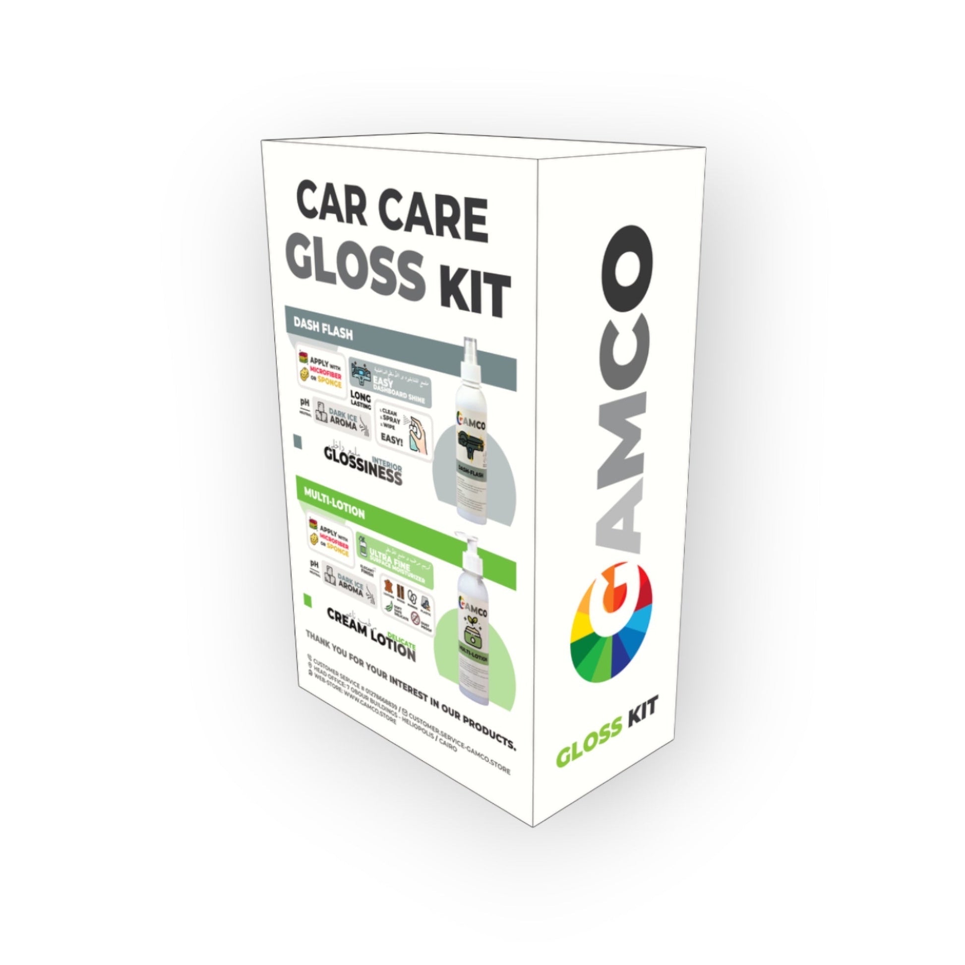 GAMCO Store Car Care Gloss Kit with Dash Flash and Multi-Lotion for interior shine and protection.