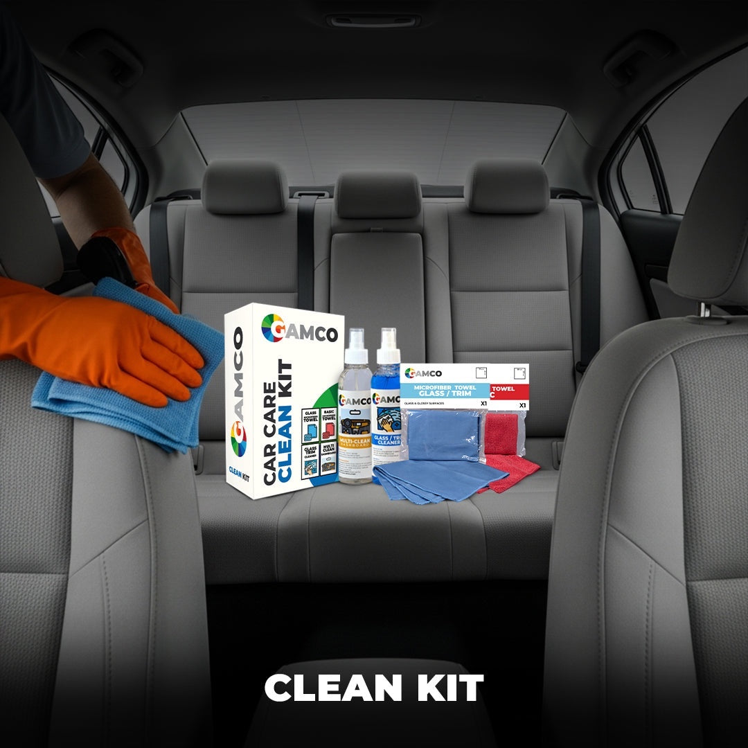 GAMCO Store Clean Kit with glass cleaner, multi-surface cleaner, and microfiber towels for car interior detailing.