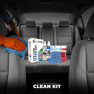 GAMCO Store Clean Kit with glass cleaner, multi-surface cleaner, and microfiber towels for car interior detailing.