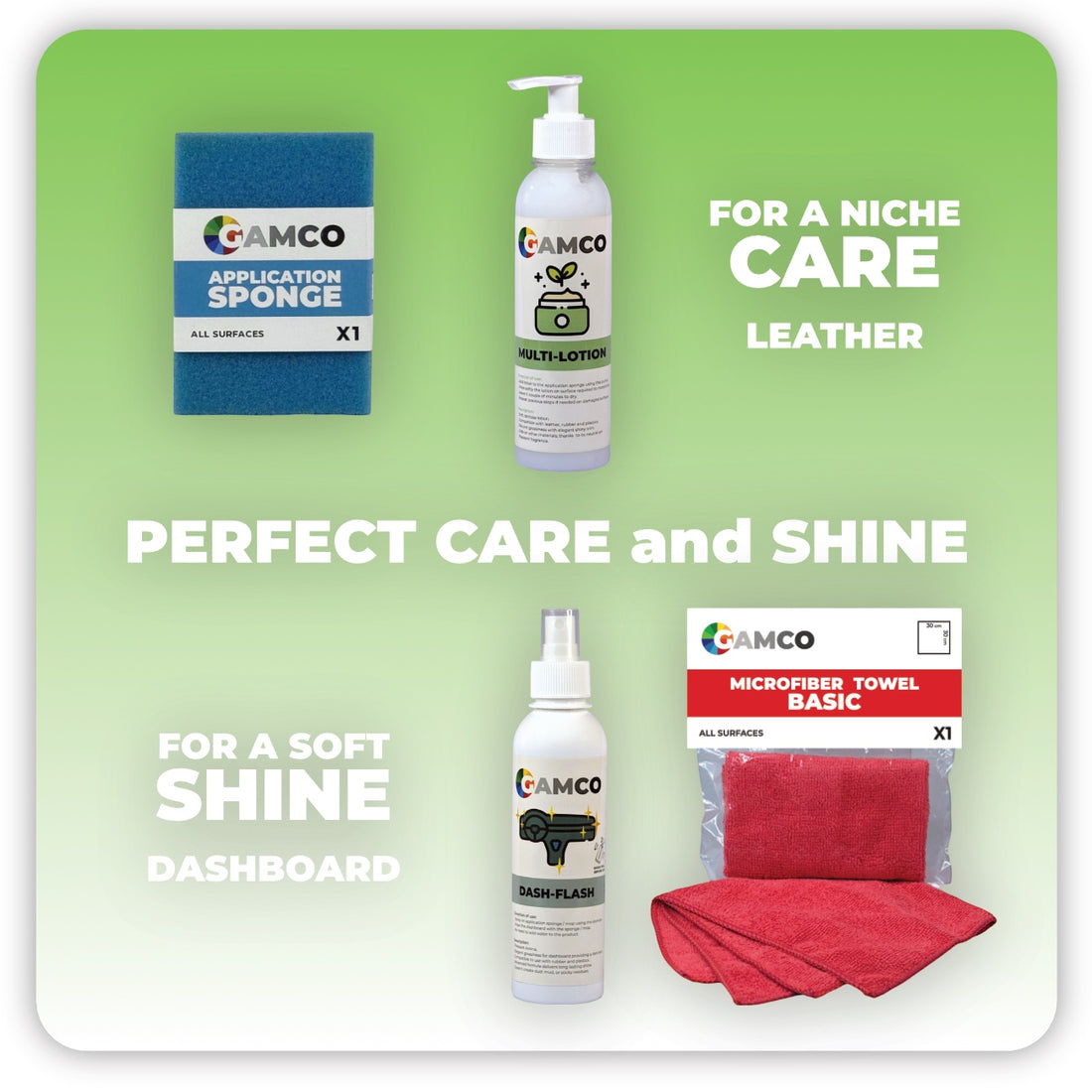 GAMCO Store Car Care Gloss Kit with Dash-Flash spray, Multi-Lotion, microfiber towel, and applicator sponge for a brilliant interior shine.