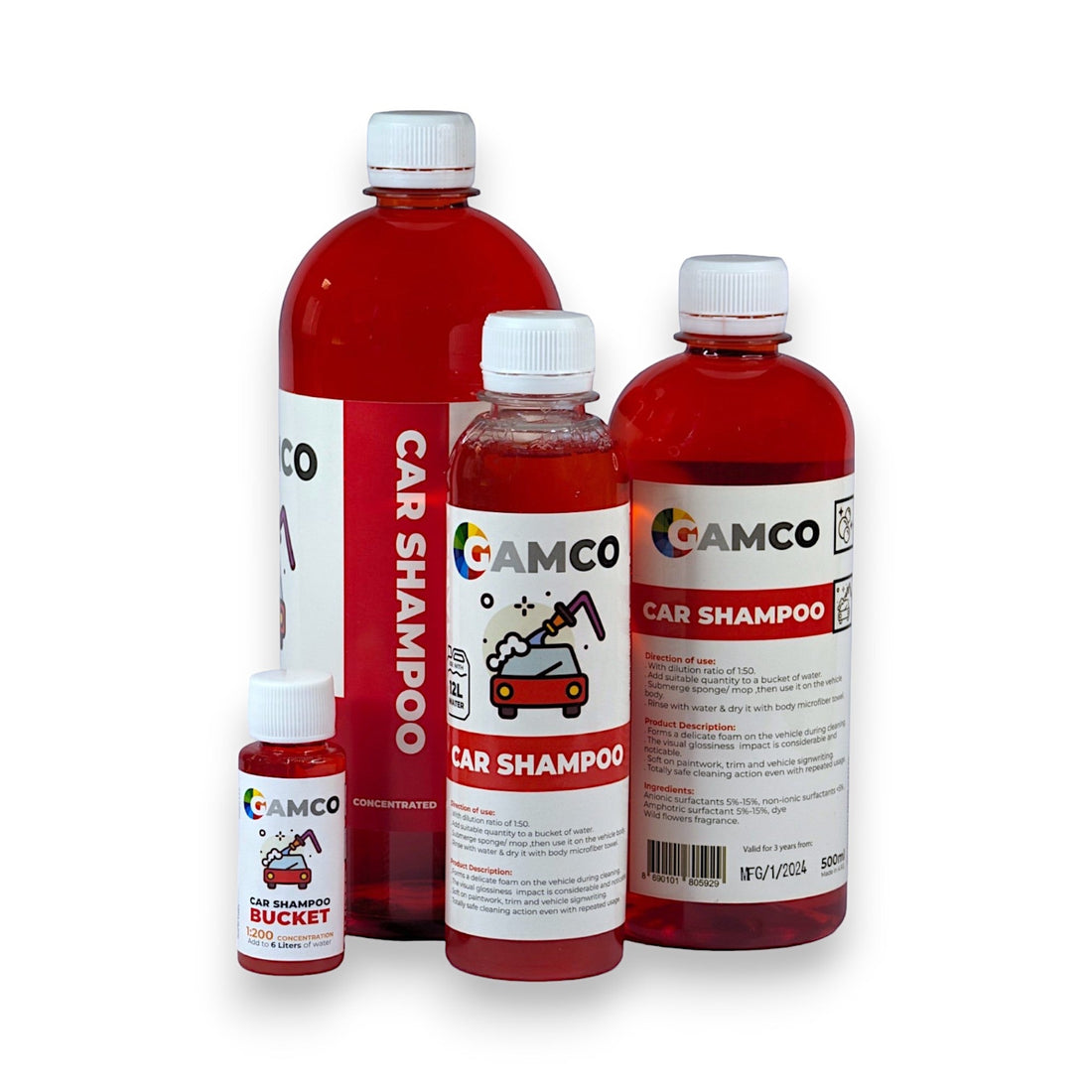 GAMCO Store red car shampoo bottle with neutral pH, 500ml, next to a white car being washed with suds.