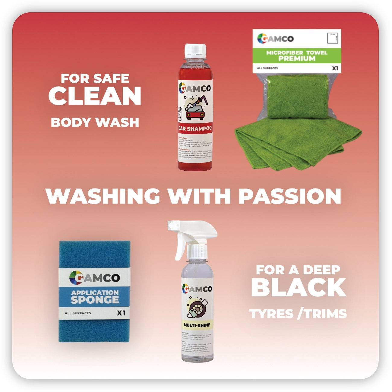 GAMCO Store car wash kit includes red car shampoo, green microfiber towel, blue application sponge, and multi-shine spray for tires and trims.