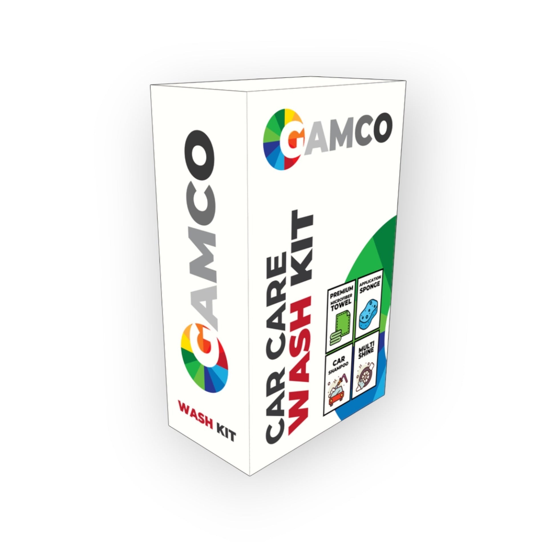 GAMCO Store Car Care Wash Kit box with car shampoo, microfiber towel, application sponge, and multi-shine tire product.