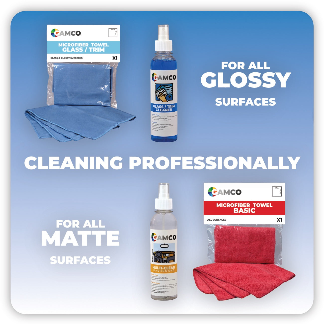 GAMCO Store Clean Kit includes blue microfiber towels for glossy surfaces and red microfiber towels for matte surfaces, plus glass cleaner and dashboard cleaner.