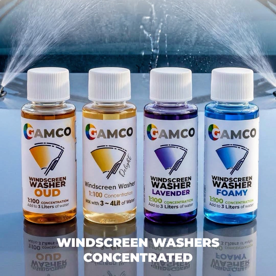 GAMCO Store concentrated windscreen washer fluid bottles in OUD, Delight, Lavender, and Foamy scents. Streak-free finish.
