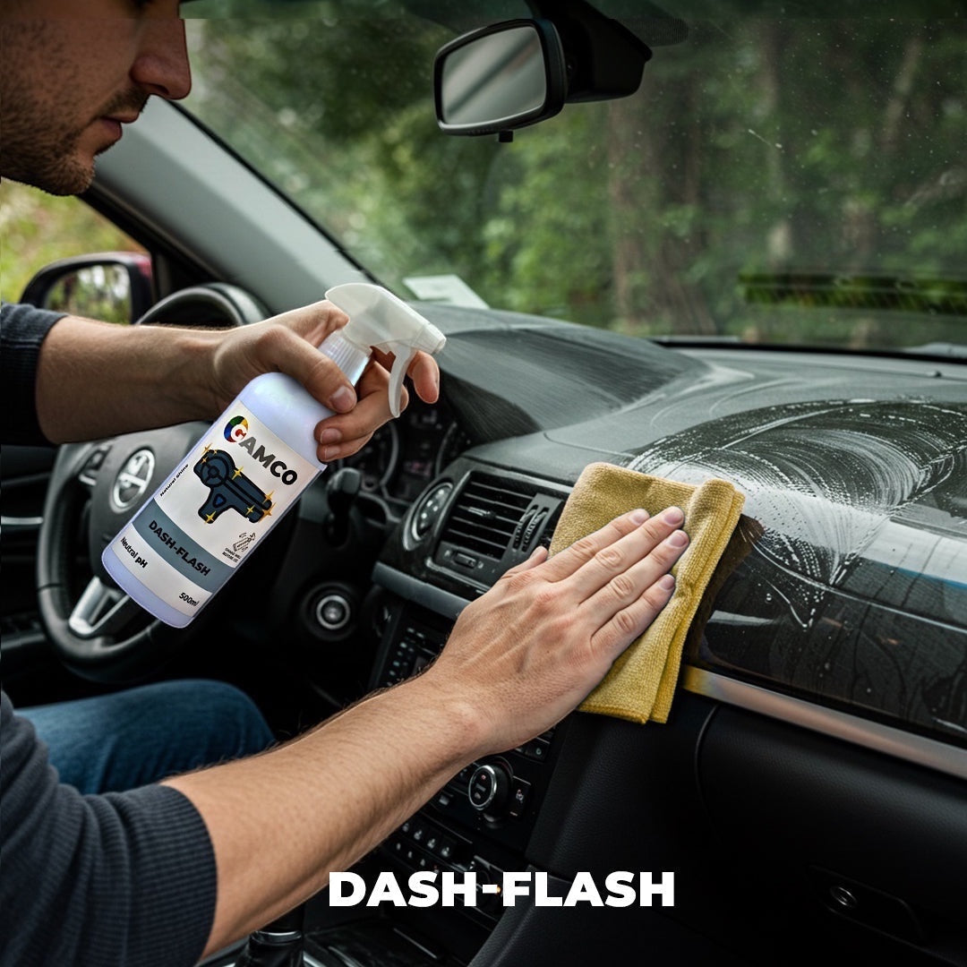 GAMCO Store Dash-Flash spray being used to clean a car's dashboard with a microfiber cloth.