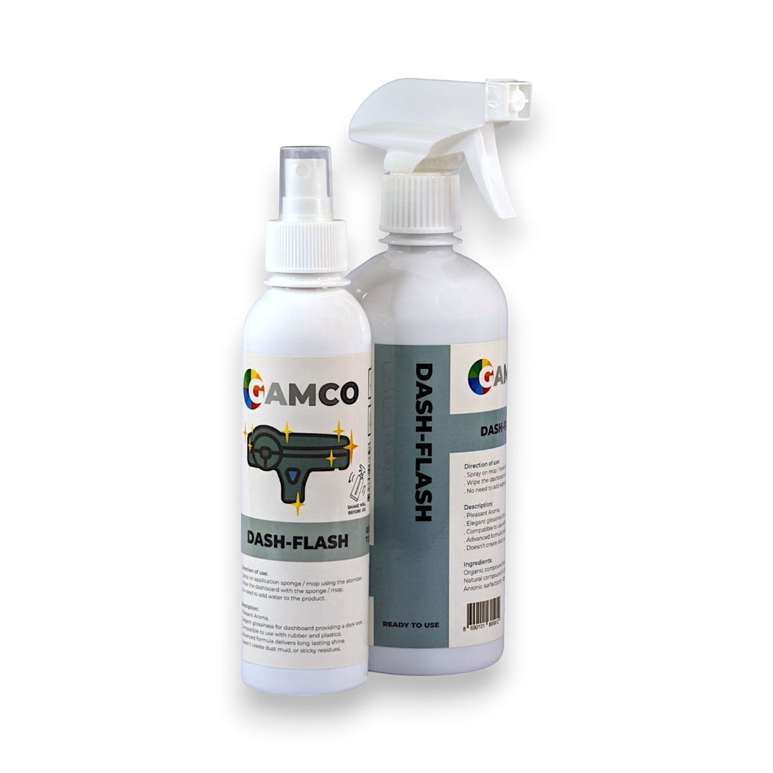 GAMCO Store Dash-Flash spray being used to clean a car's dashboard with a microfiber cloth.