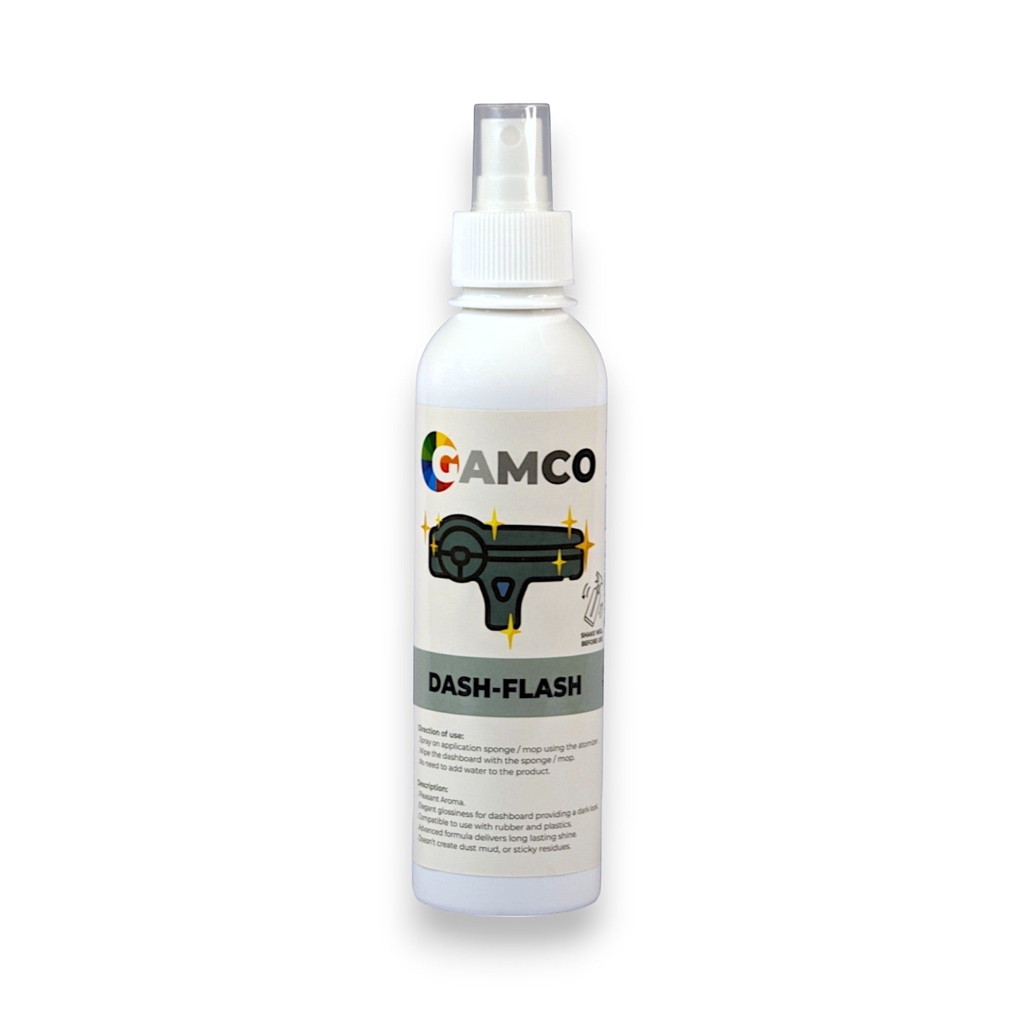 GAMCO Store Dash-Flash interior car protectant spray for dashboards and plastic surfaces, providing a brilliant shine.