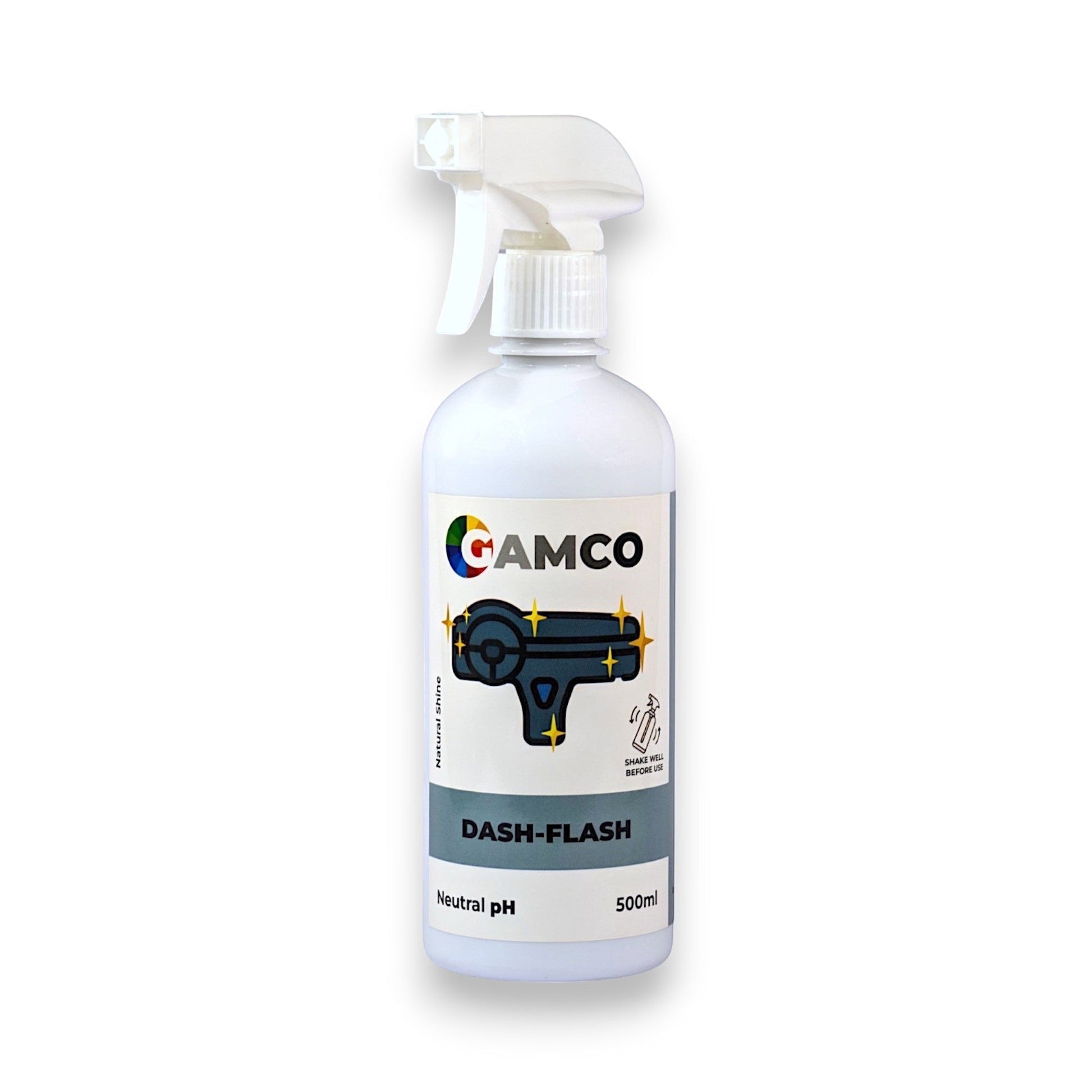 GAMCO Store Dash-Flash interior car protectant spray for dashboards and trims, 500ml bottle.