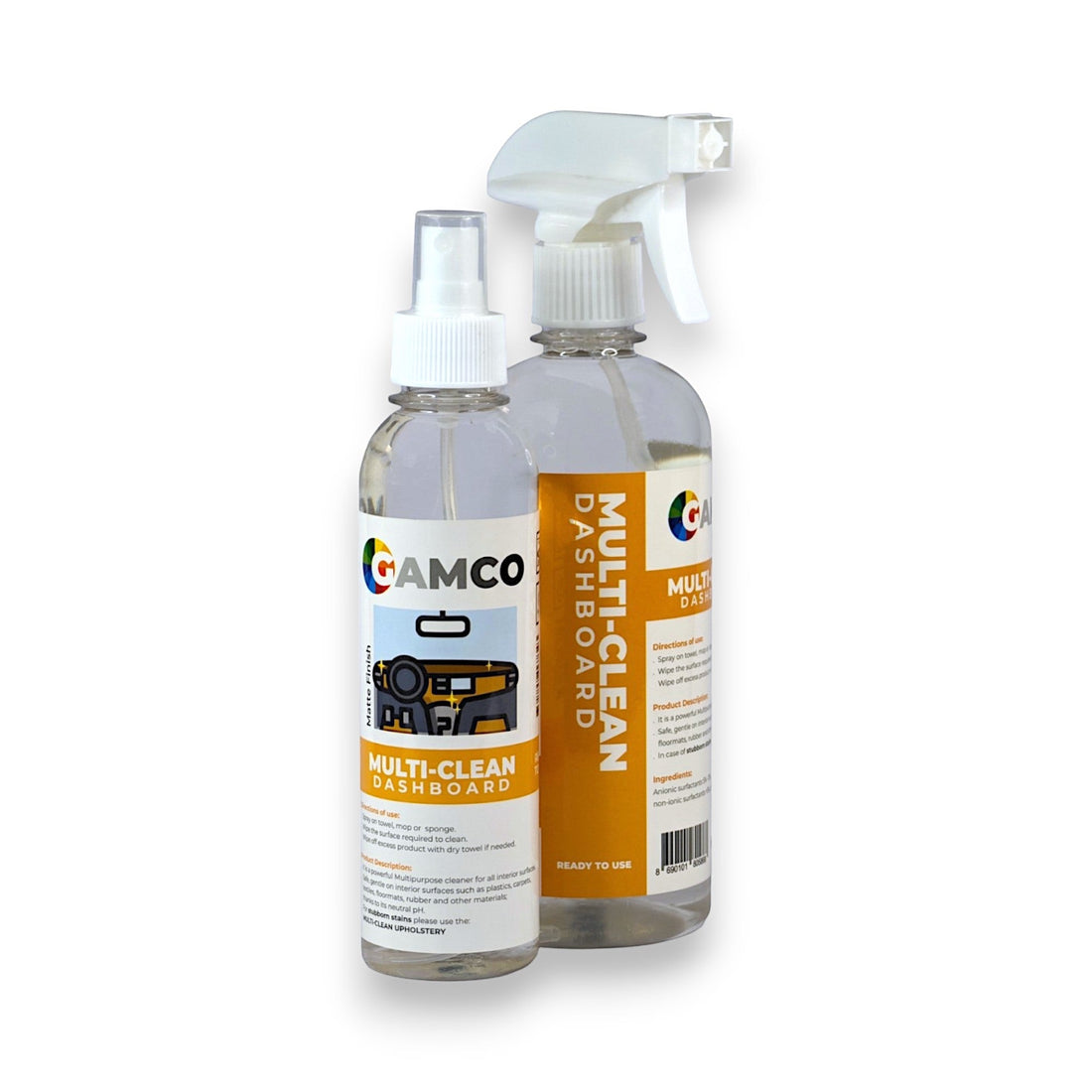 GAMCO Store Multi-Clean Dashboard cleaner being used by a person in blue gloves to wipe down a car's interior dashboard with a microfiber cloth.