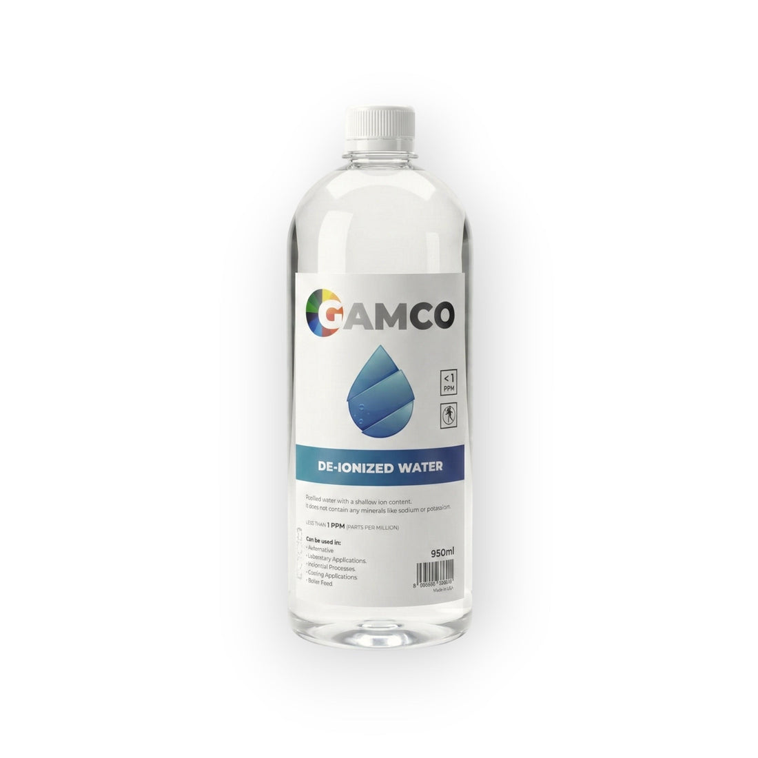 GAMCO de-ionized water bottle next to a steam iron and a person pouring water into a car engine.
