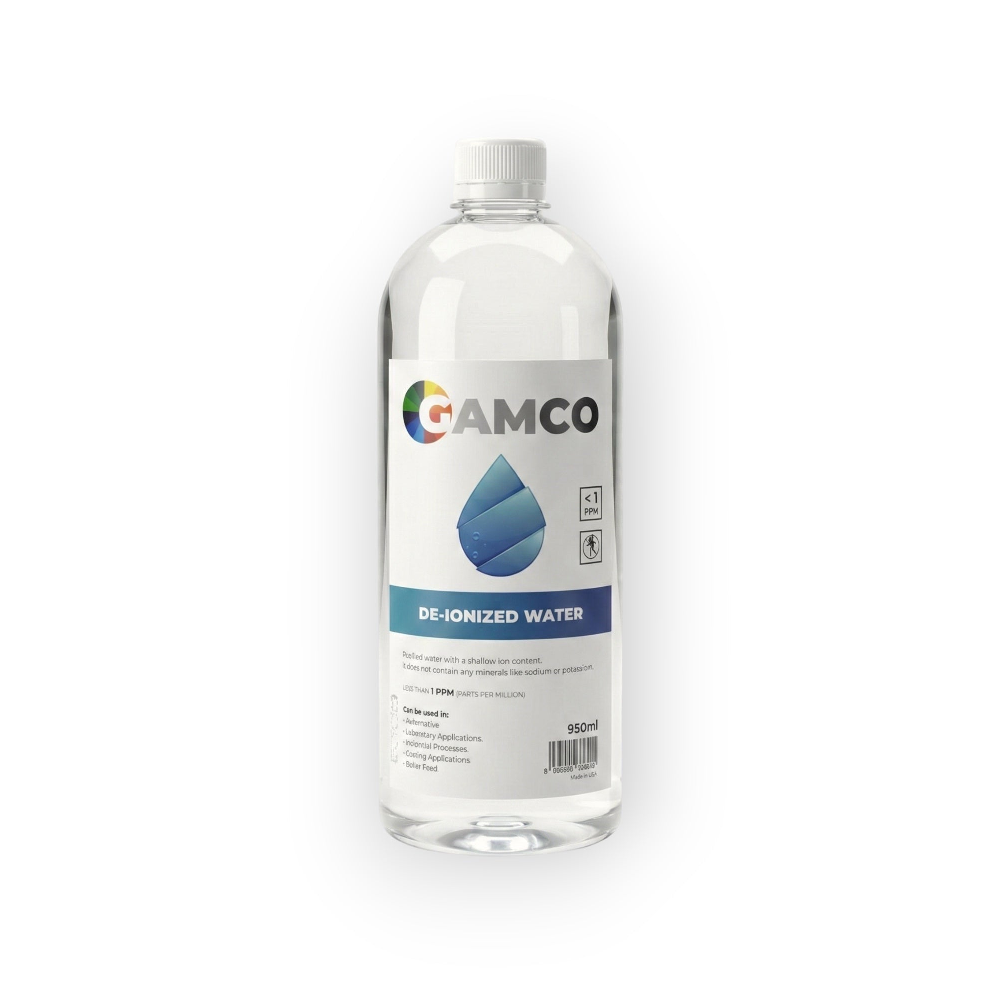 GAMCO Store de-ionized water in a clear plastic bottle, 950ml, with a label indicating <1 PPM TDS.