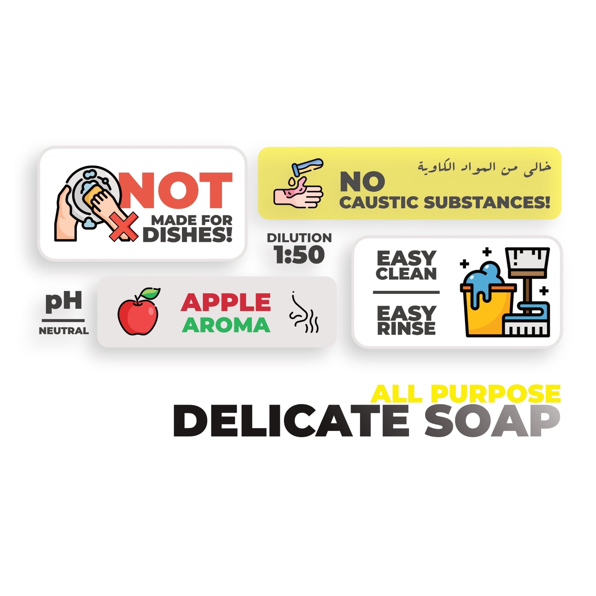 GAMCO Store all-purpose delicate soap infographic showing pH neutral, apple aroma, and non-caustic cleaning features.