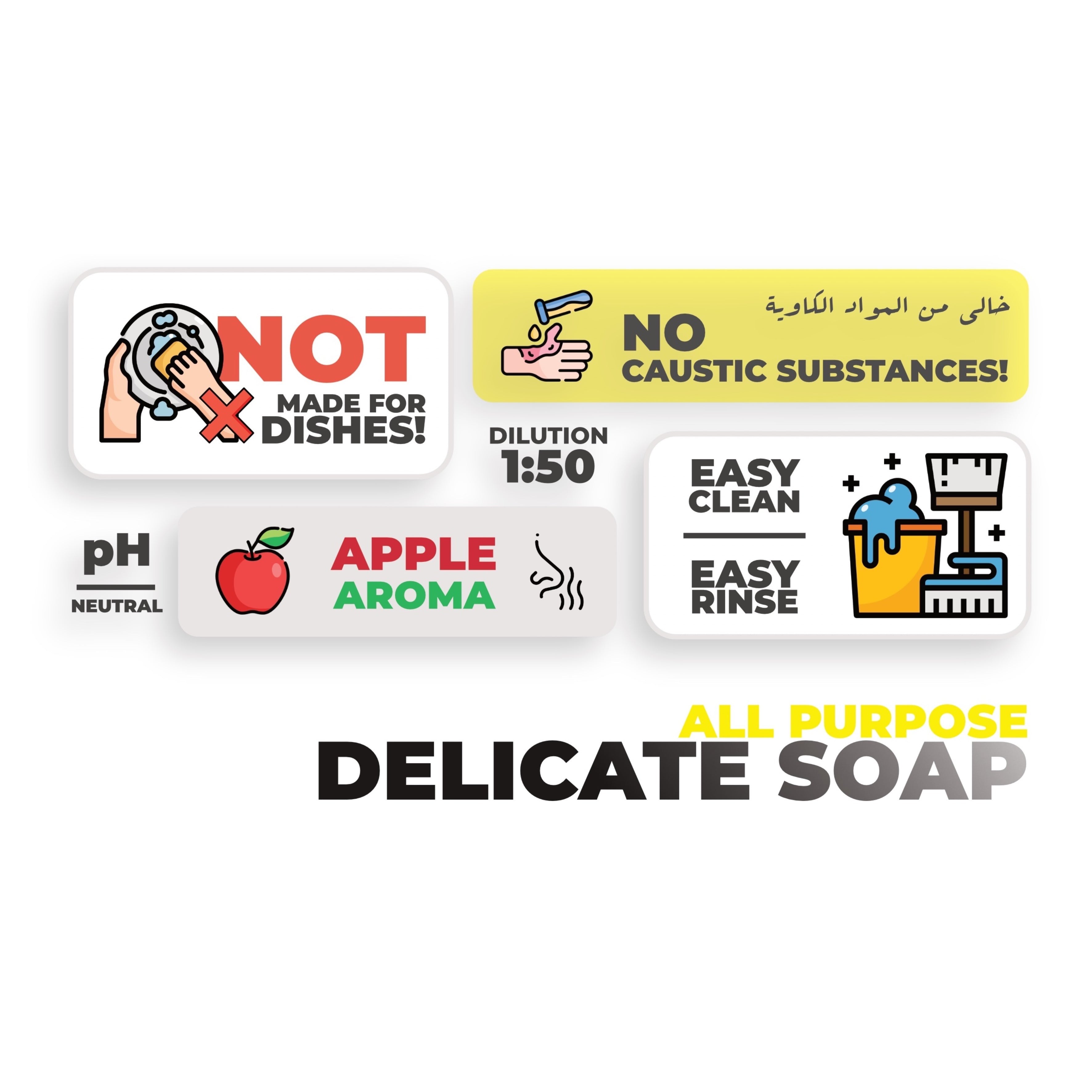 GAMCO Store all-purpose delicate soap infographic showing pH neutral, apple aroma, and non-caustic cleaning features.