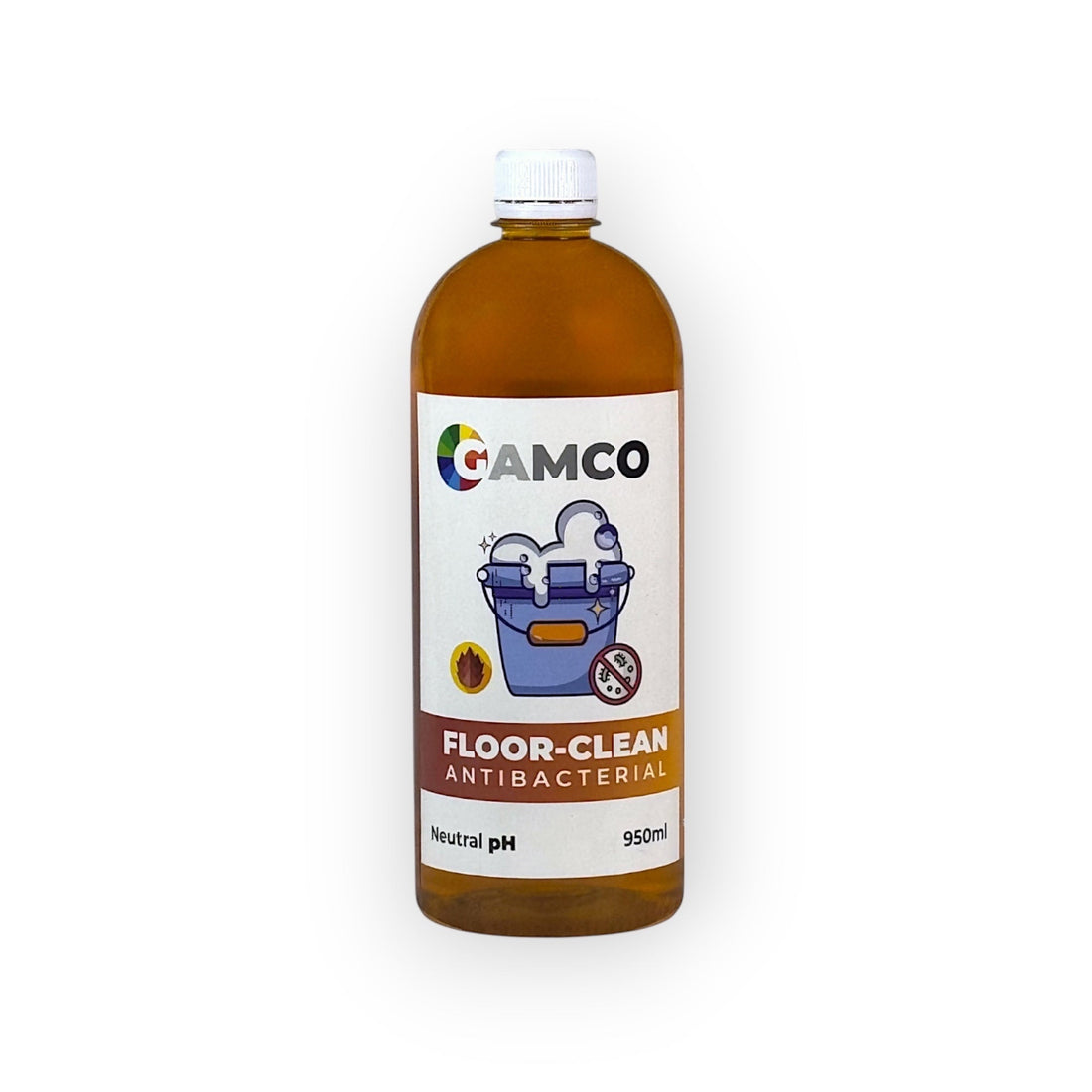 GAMCO Store Floor Clean Antibacterial cleaning liquid in a brown bottle with a mop and pine cone on a polished floor.