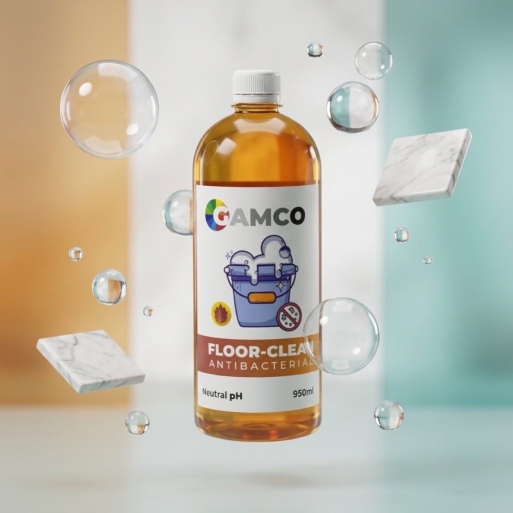 GAMCO Store Floor-Clean Antibacterial 950ml concentrate bottle surrounded by floating soap bubbles and marble tiles