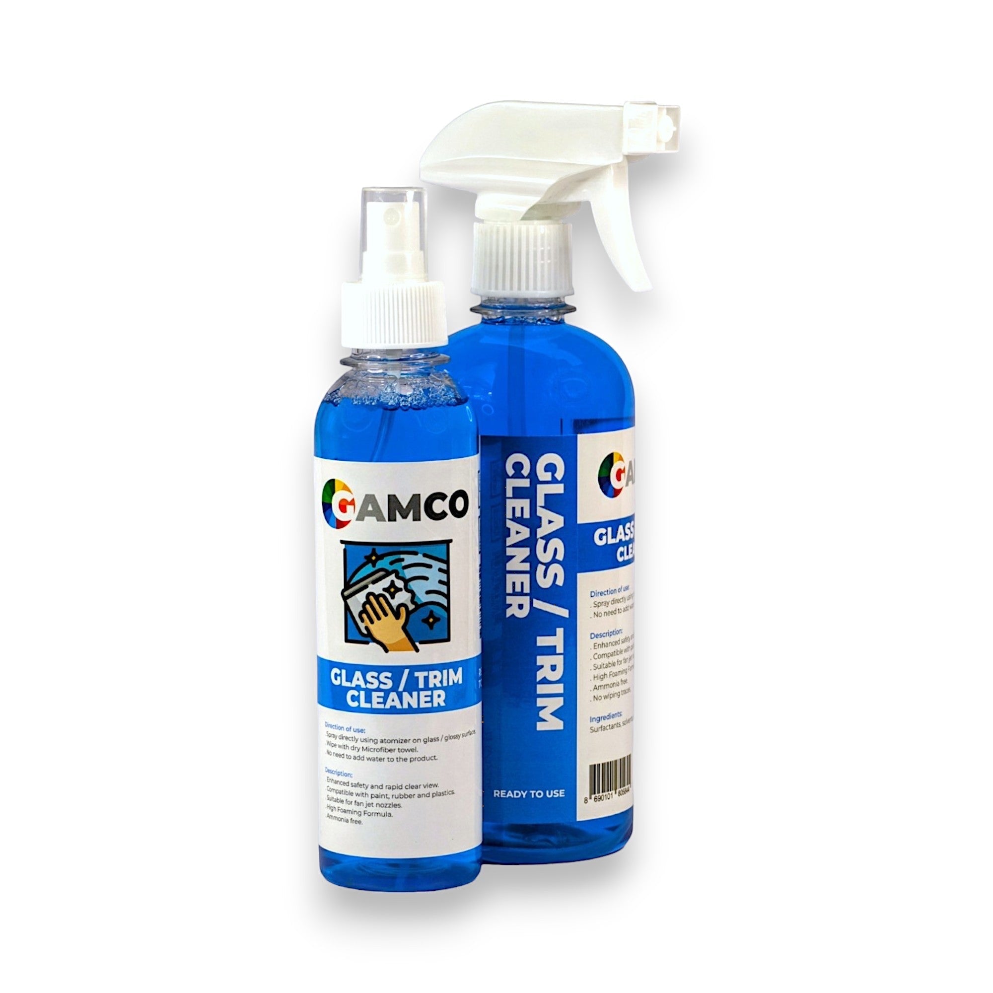 GAMCO Store Glass and Trim Cleaner bottles. One is a spray bottle, the other a smaller pump bottle, both with blue liquid.