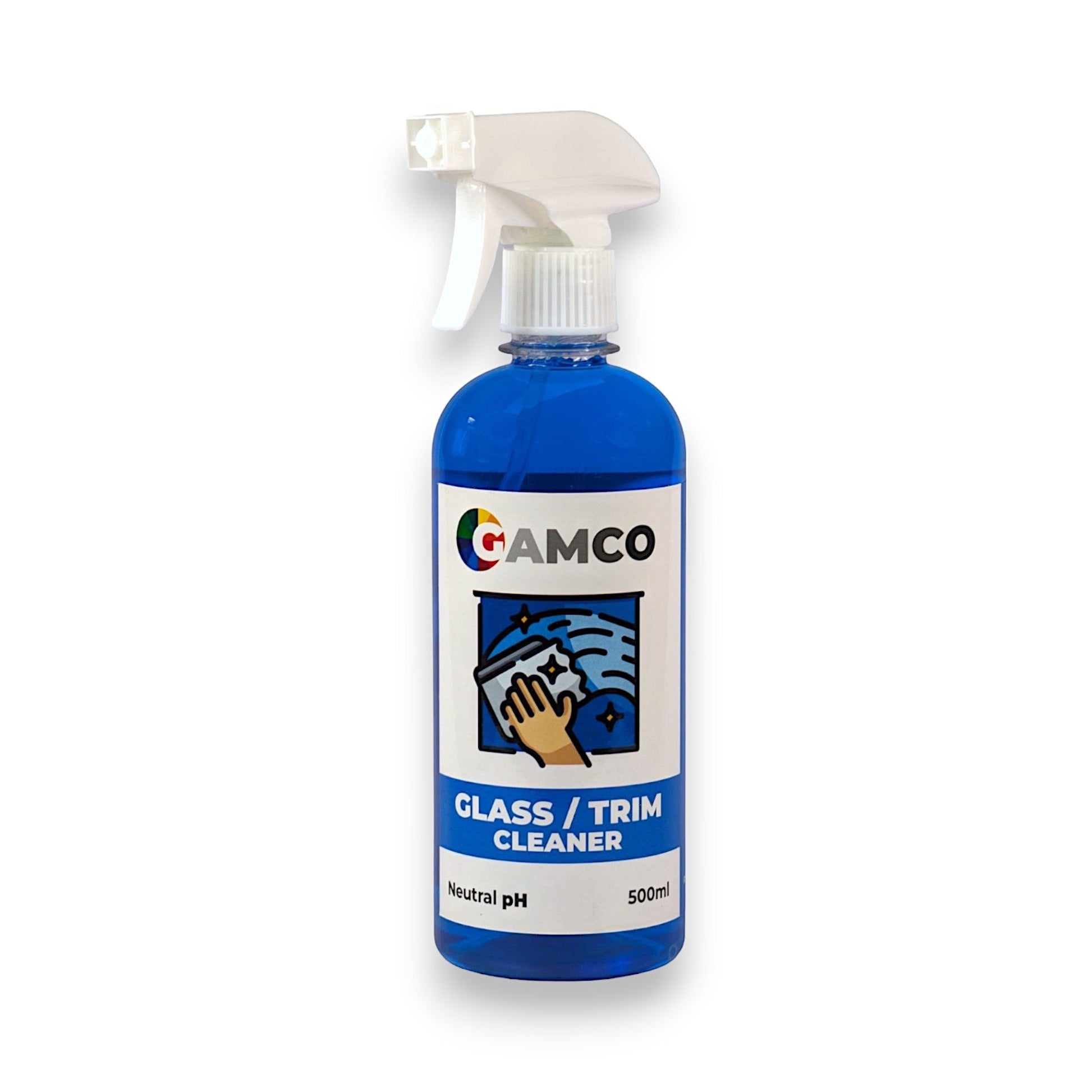 GAMCO Store blue spray bottle of Glass/Trim Cleaner, 500ml, with a neutral pH formula for streak-free shine.