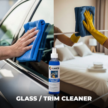 GAMCO Store Glass and Trim Cleaner spray bottle with blue microfiber cloths cleaning car window and mirror. Streak-free finish.