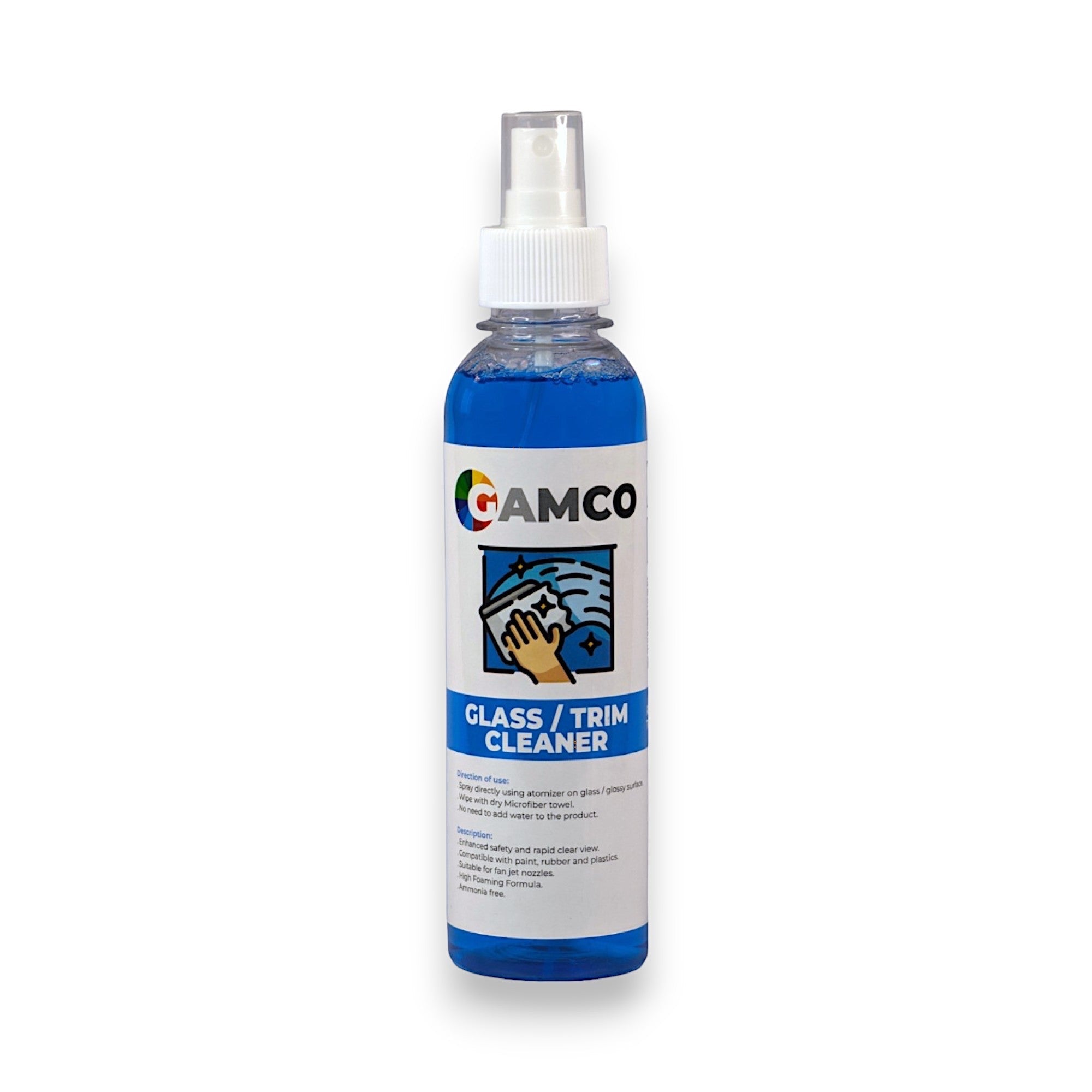 GAMCO Store Glass and Trim Cleaner spray bottle with blue liquid. Safe for all surfaces, streak-free finish.