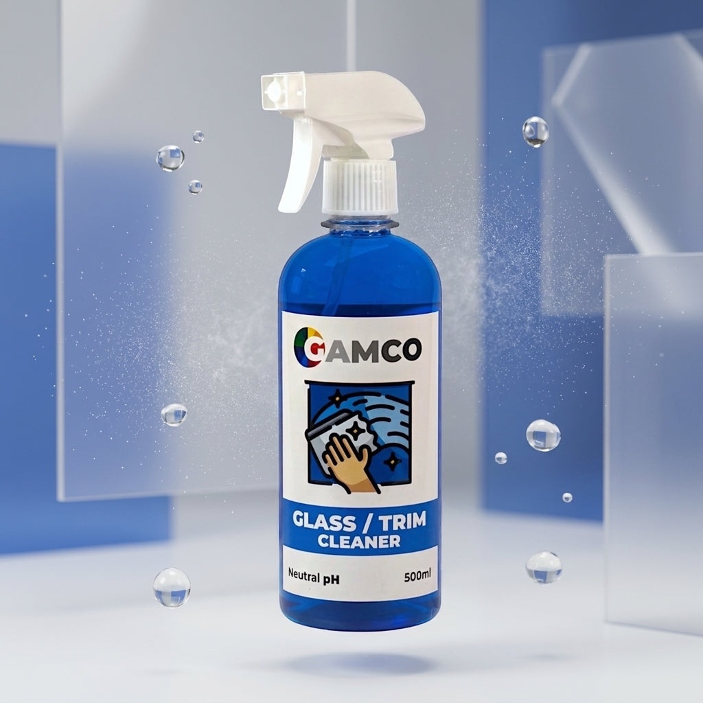 GAMCO Store Glass and Trim Cleaner in a 500ml blue spray bottle for streak-free vehicle window and surface cleaning.