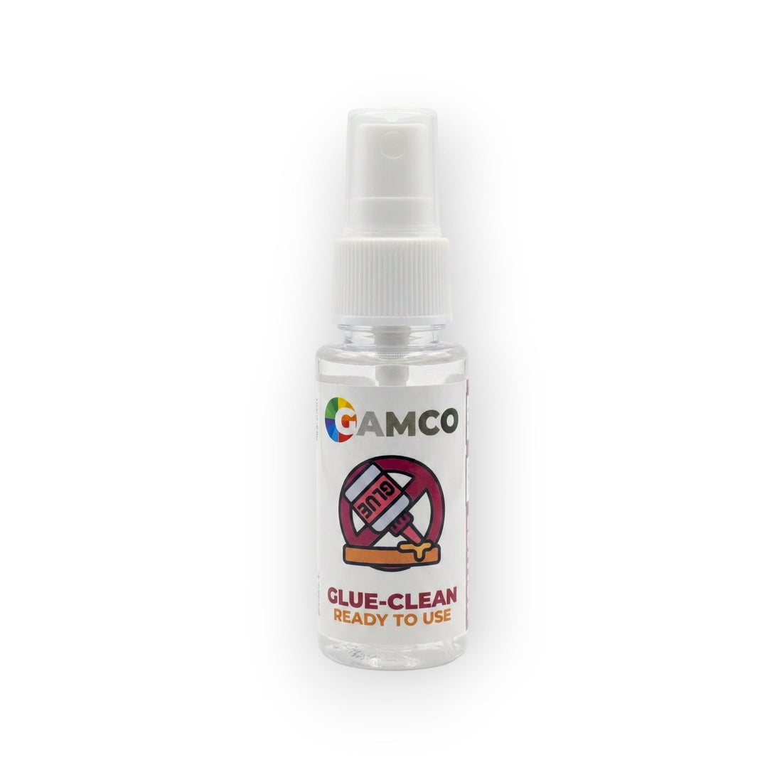 GAMCO Store Glue-Clean spray bottle being used on a glass jar with sticker residue. Microfiber cloth nearby.